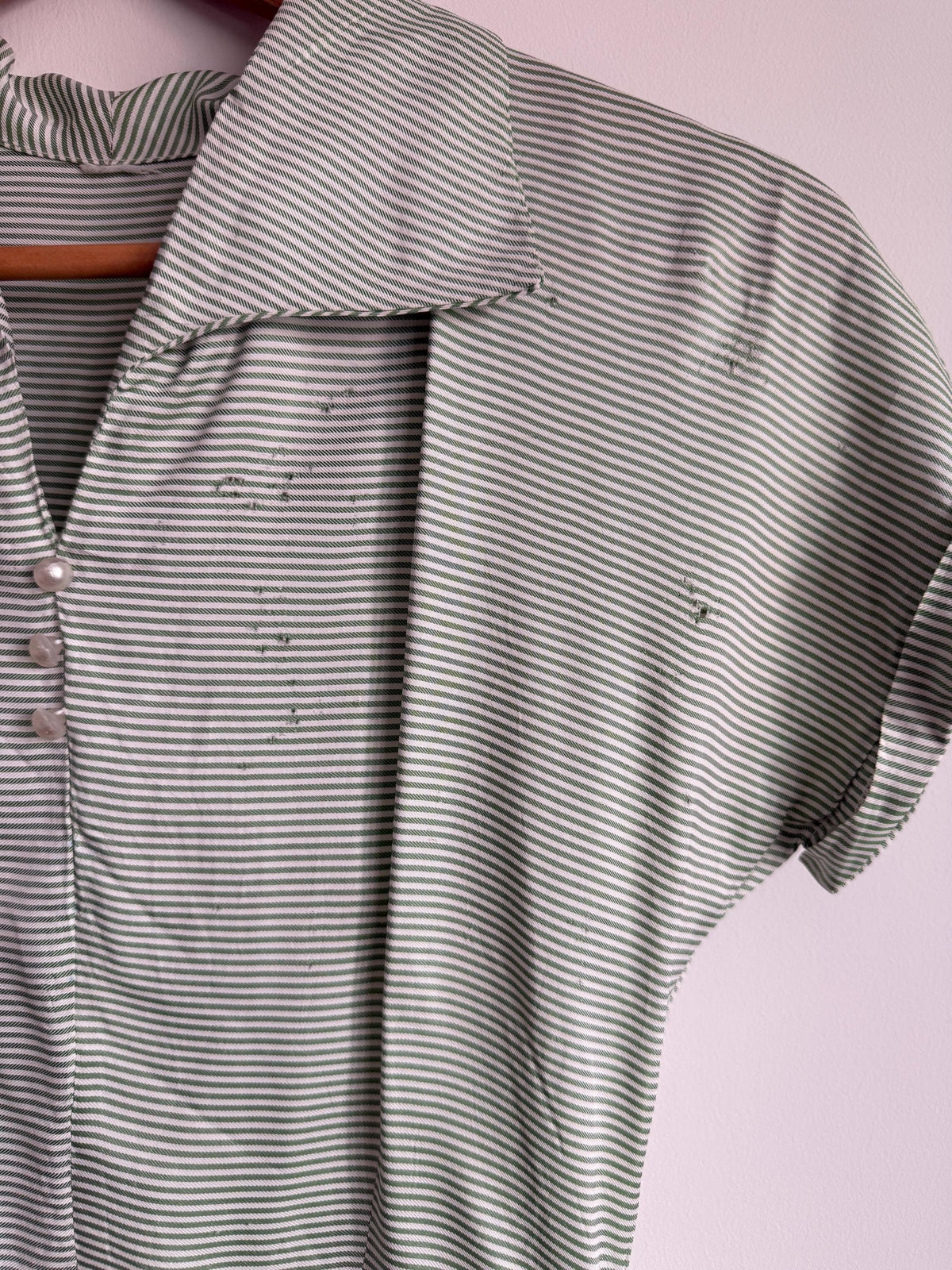 Vintage 1950s Green Stripe Day Dress | Cotton Shirtwaist Style Dress | Retro Summer Dress | Pinstripe Tea Dress | UK 8-10