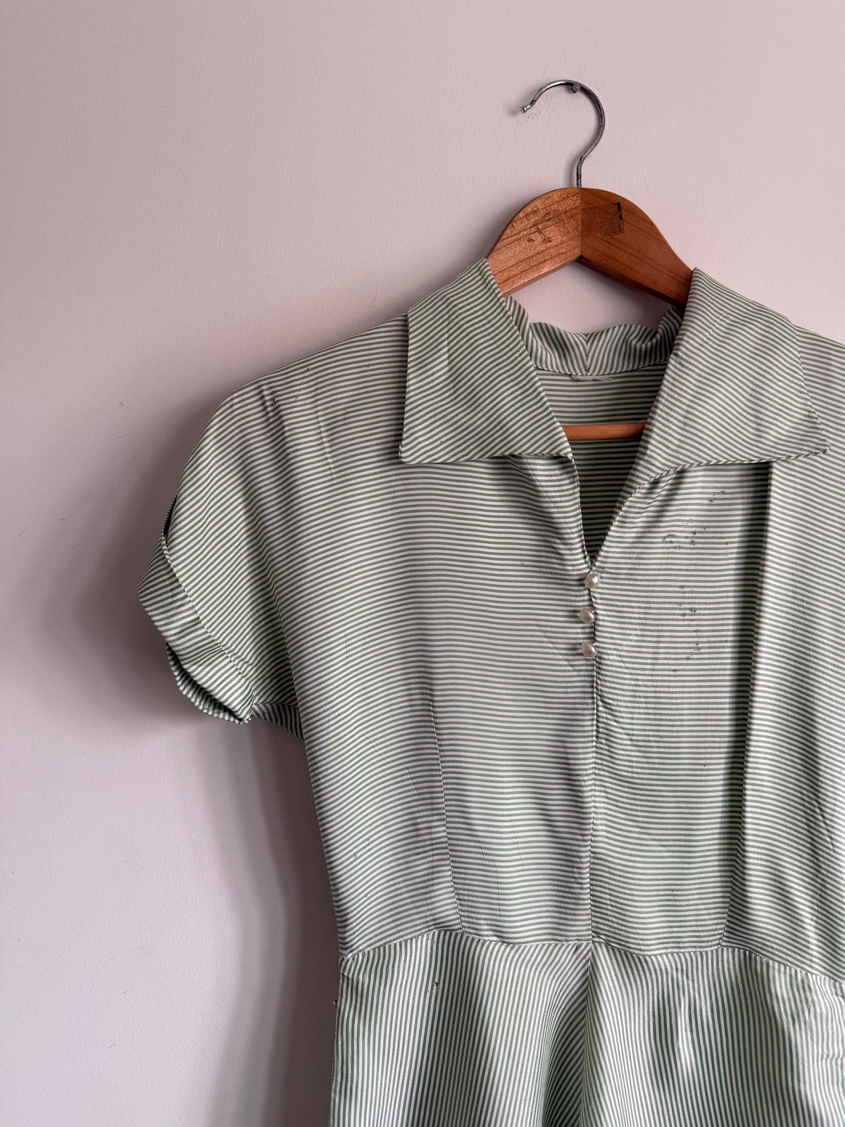 Vintage 1950s Green Stripe Day Dress | Cotton Shirtwaist Style Dress | Retro Summer Dress | Pinstripe Tea Dress | UK 8-10