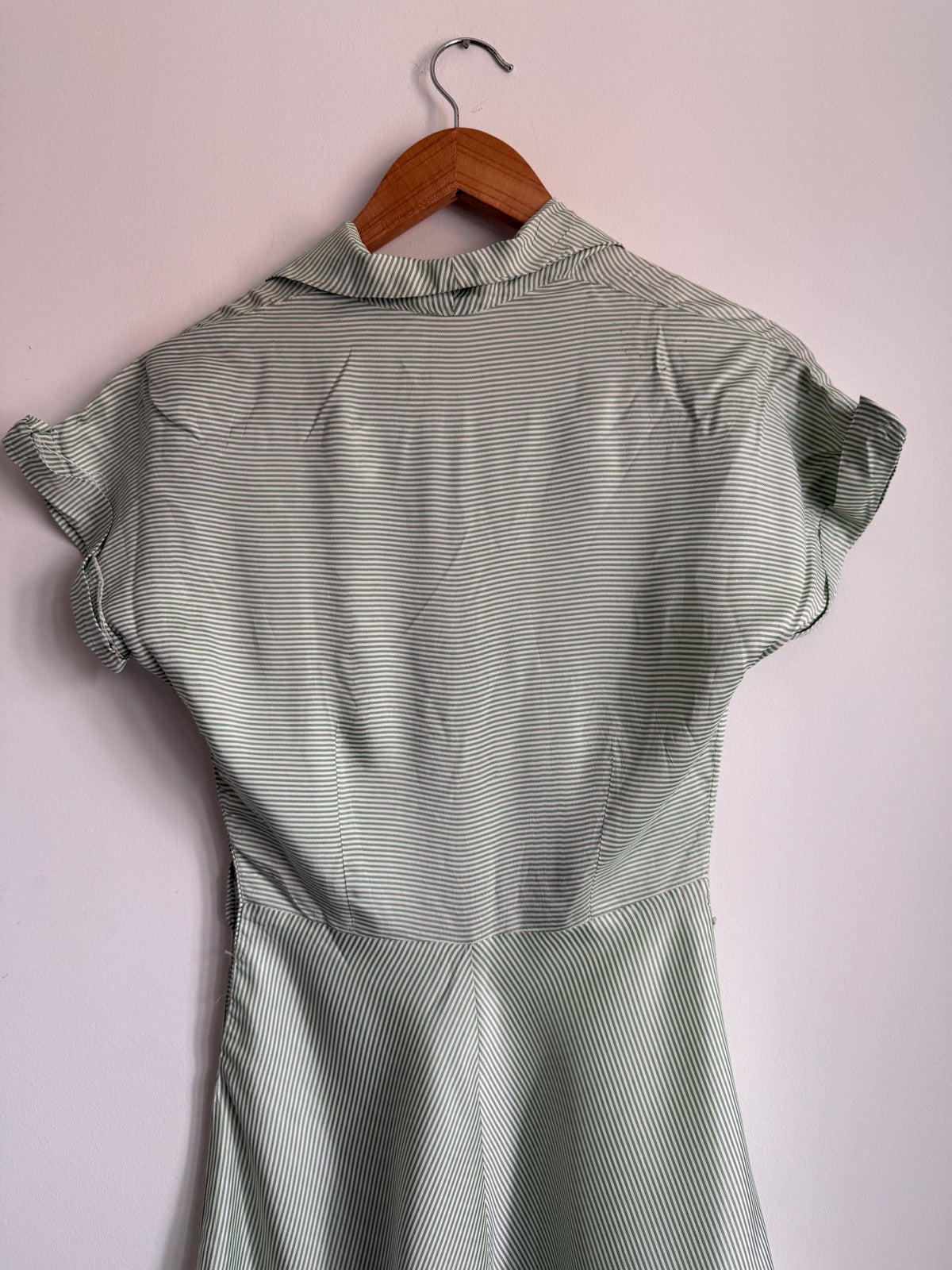 Vintage 1950s Green Stripe Day Dress | Cotton Shirtwaist Style Dress | Retro Summer Dress | Pinstripe Tea Dress | UK 8-10