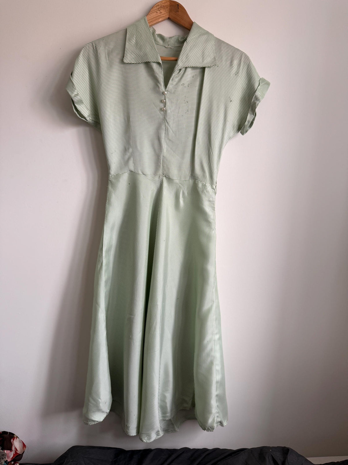 Vintage 1950s Green Stripe Day Dress | Cotton Shirtwaist Style Dress | Retro Summer Dress | Pinstripe Tea Dress | UK 8-10