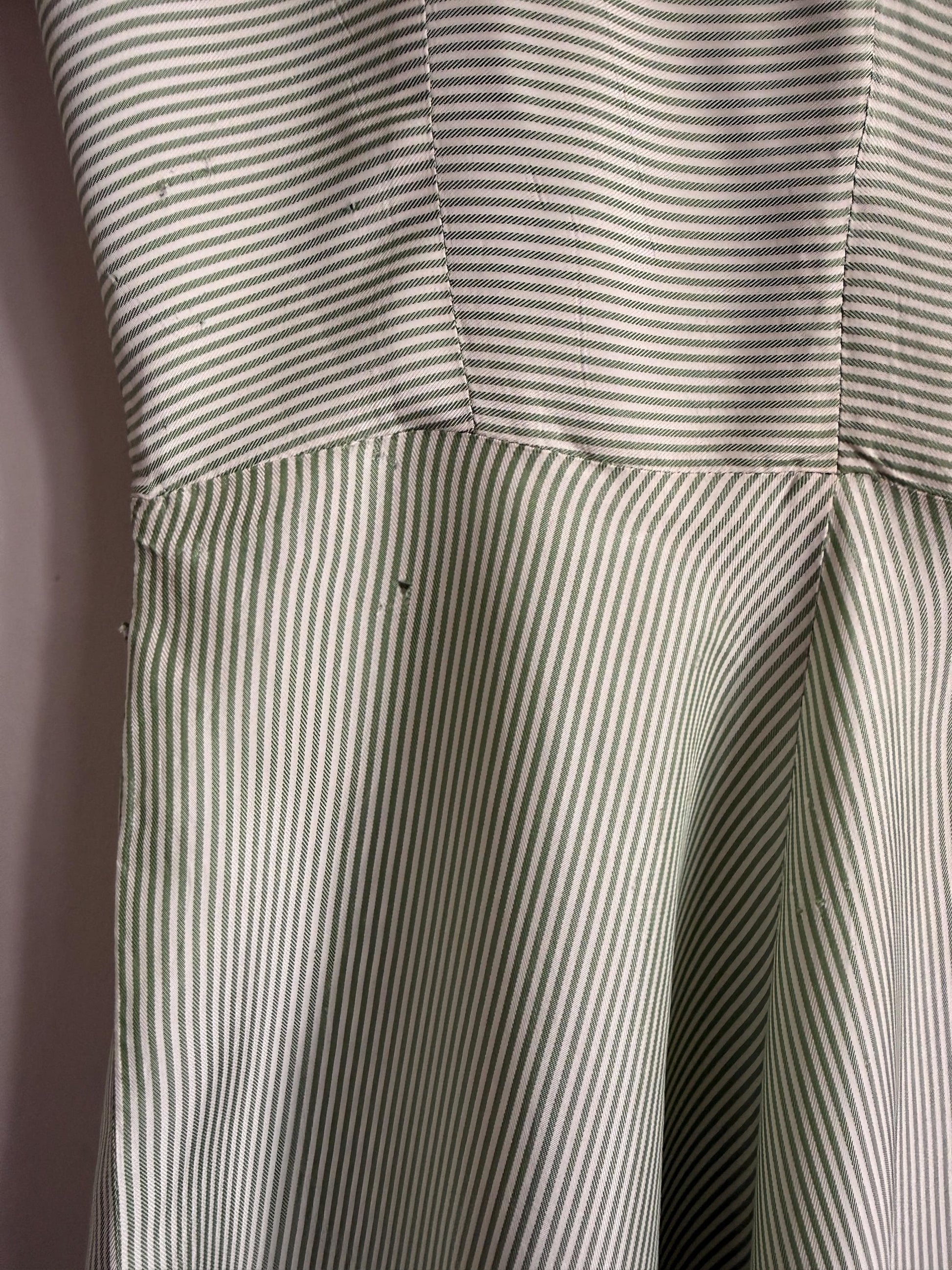 Vintage 1950s Green Stripe Day Dress | Cotton Shirtwaist Style Dress | Retro Summer Dress | Pinstripe Tea Dress | UK 8-10