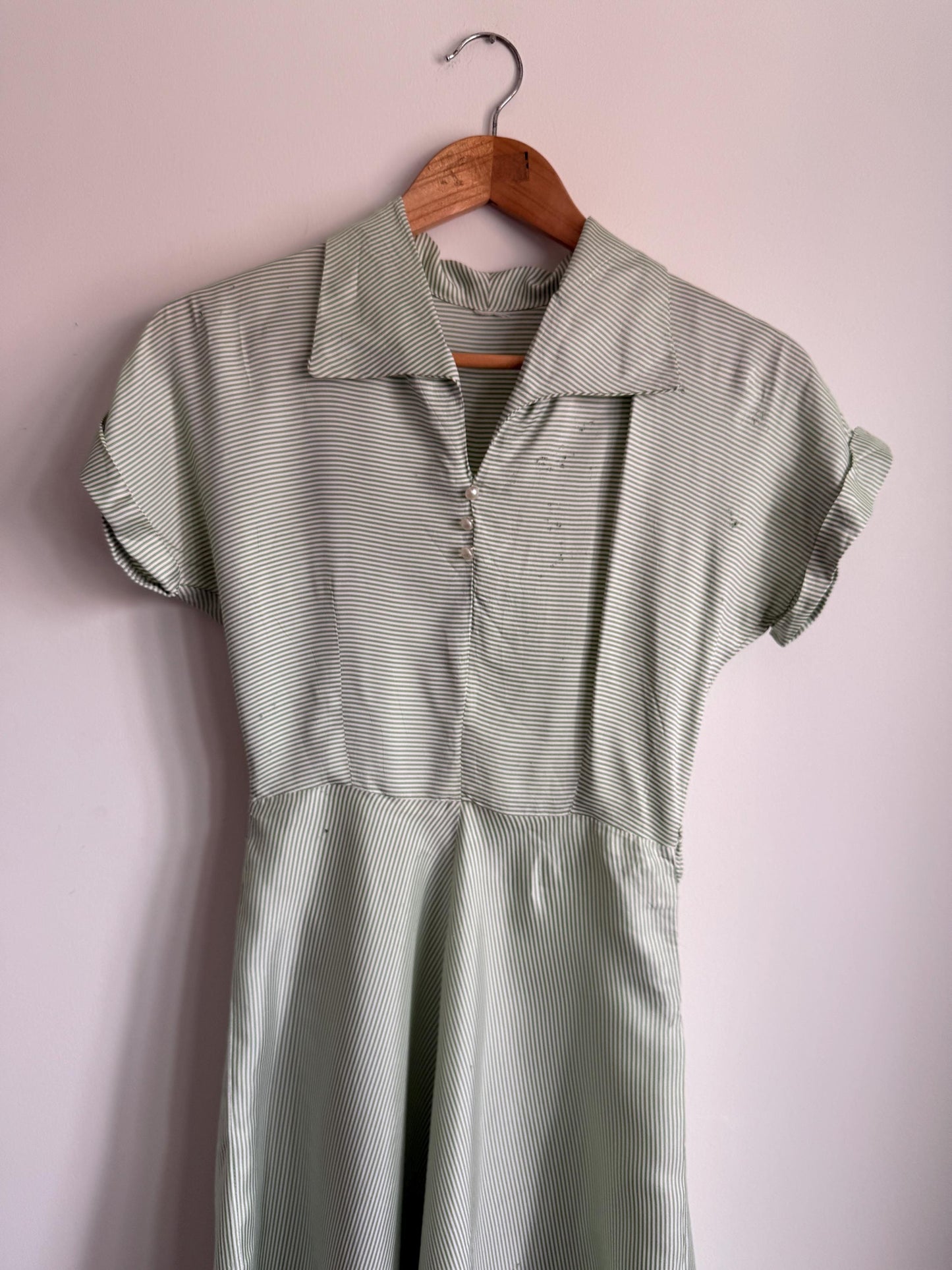 Vintage 1950s Green Stripe Day Dress | Cotton Shirtwaist Style Dress | Retro Summer Dress | Pinstripe Tea Dress | UK 8-10