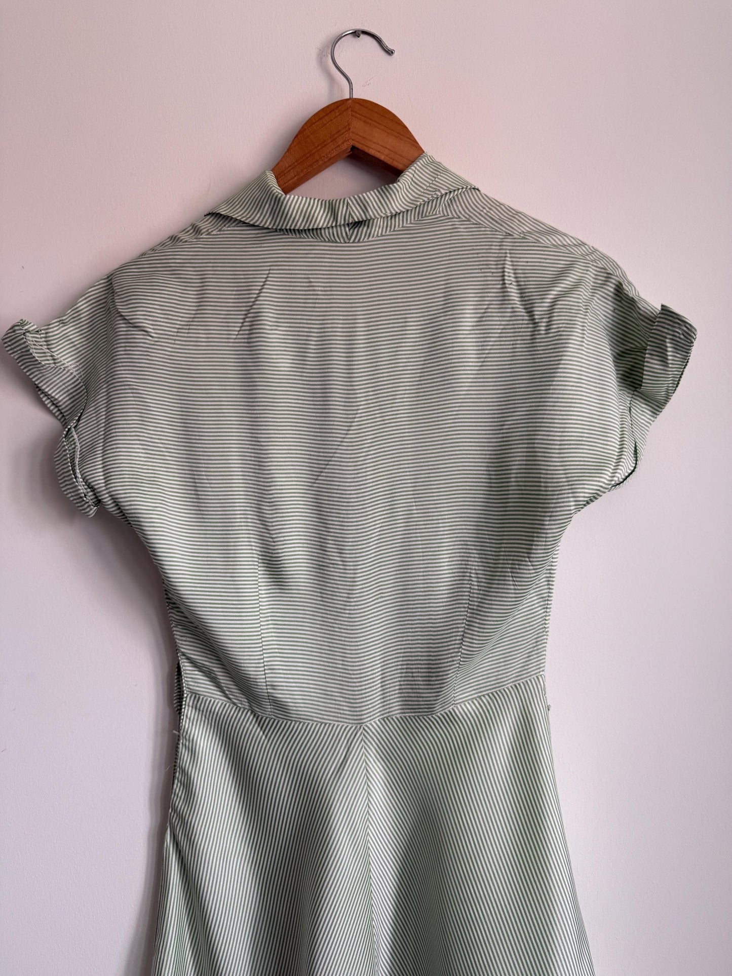 Vintage 1950s Green Stripe Day Dress | Cotton Shirtwaist Style Dress | Retro Summer Dress | Pinstripe Tea Dress | UK 8-10