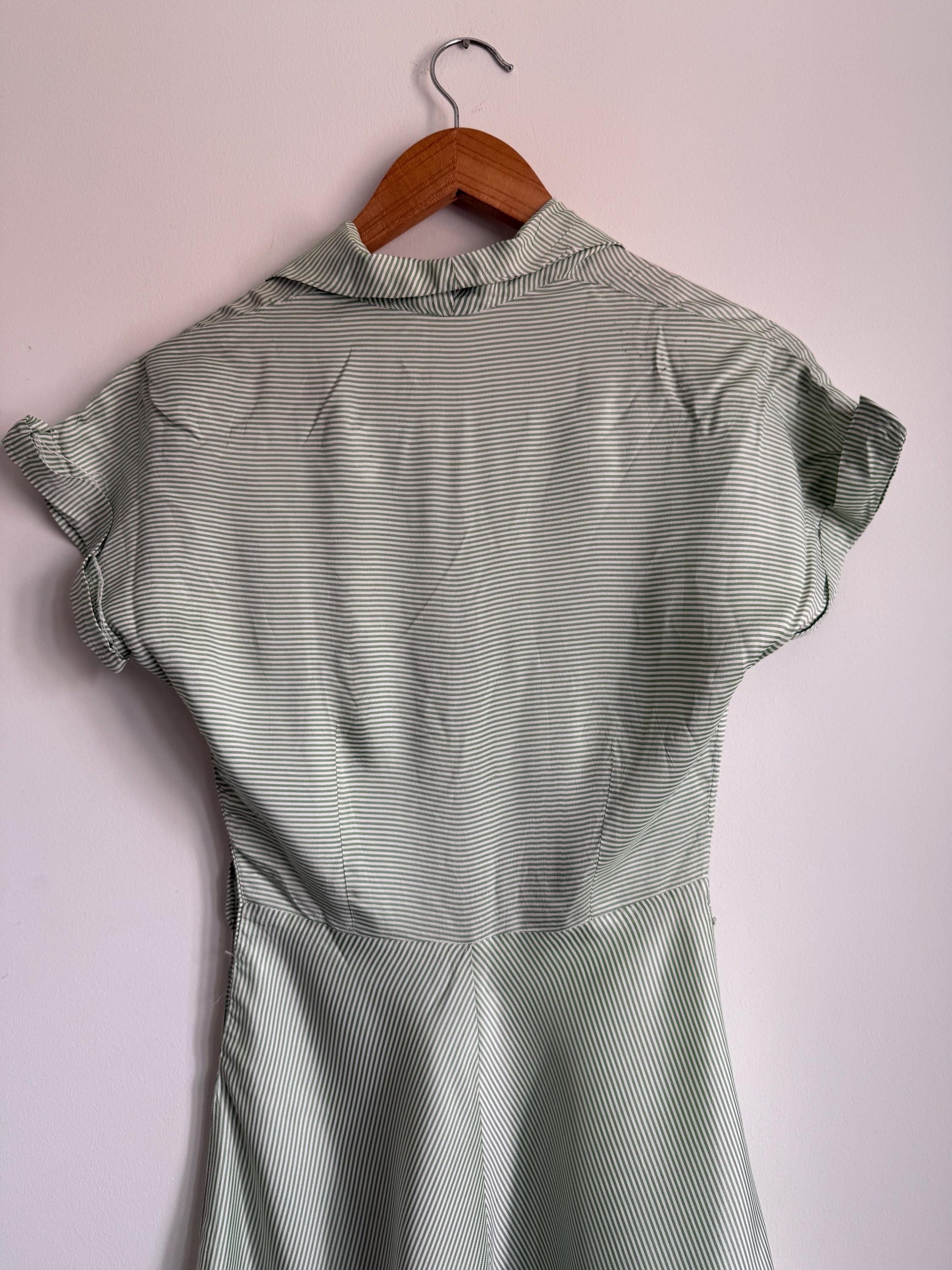Vintage 1950s Green Stripe Day Dress | Cotton Shirtwaist Style Dress | Retro Summer Dress | Pinstripe Tea Dress | UK 8-10