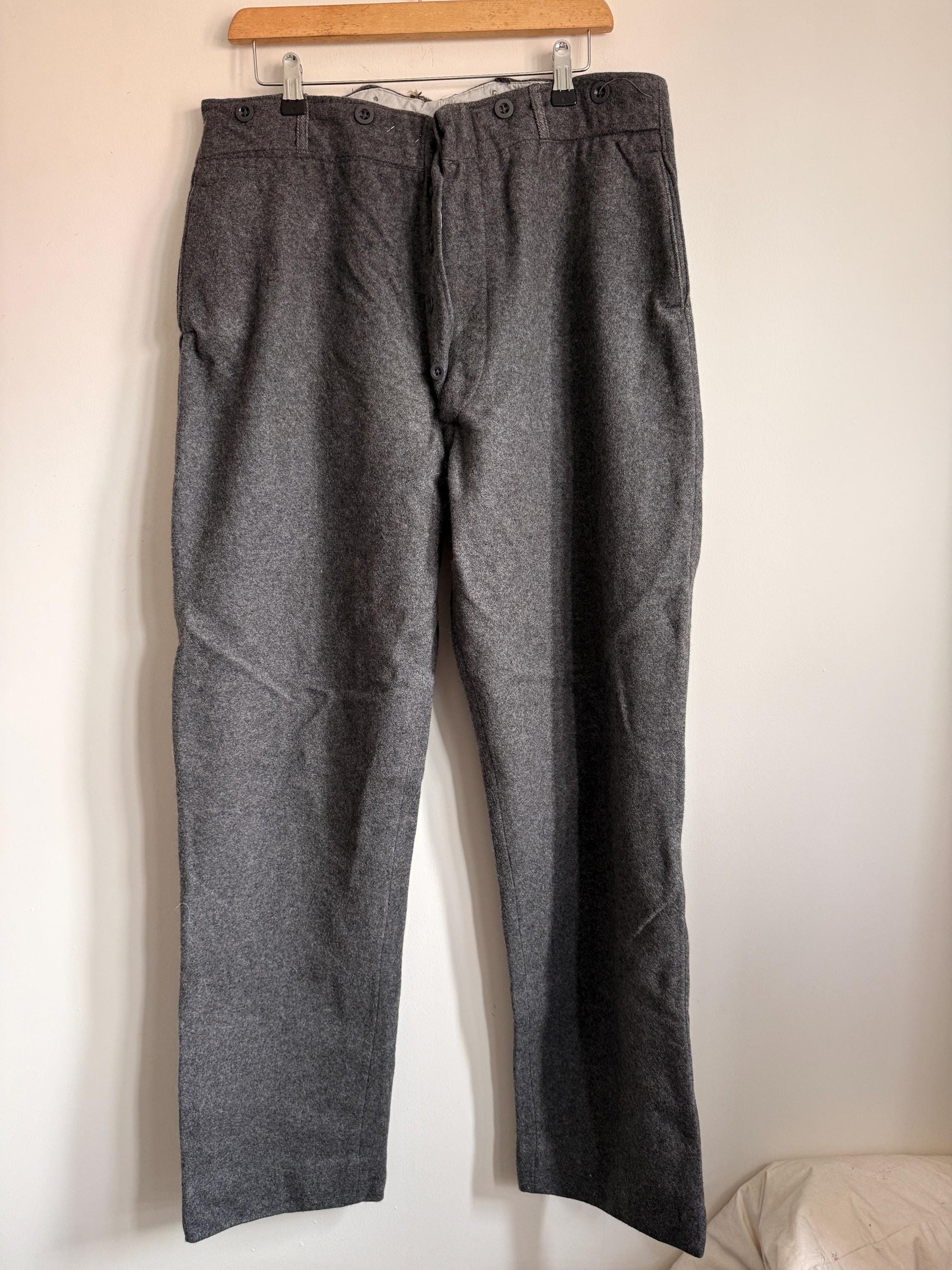 Vintage 1950s Grey Wool Flannel Trousers | High Waist Men's Tailored Button Fly England