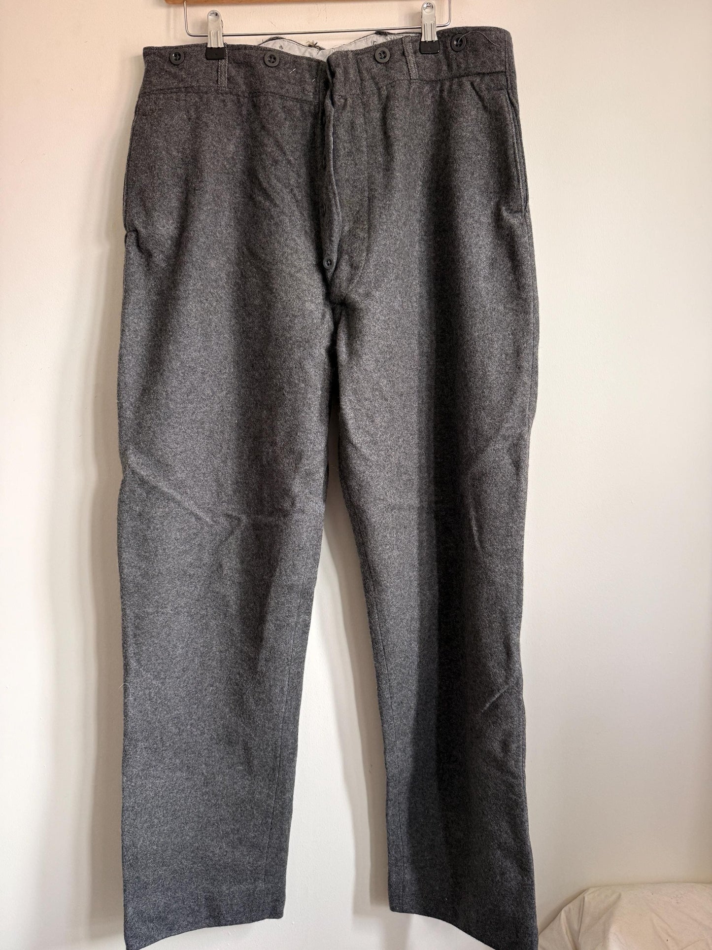 Vintage 1950s Grey Wool Flannel Trousers | High Waist Men's Tailored Button Fly England