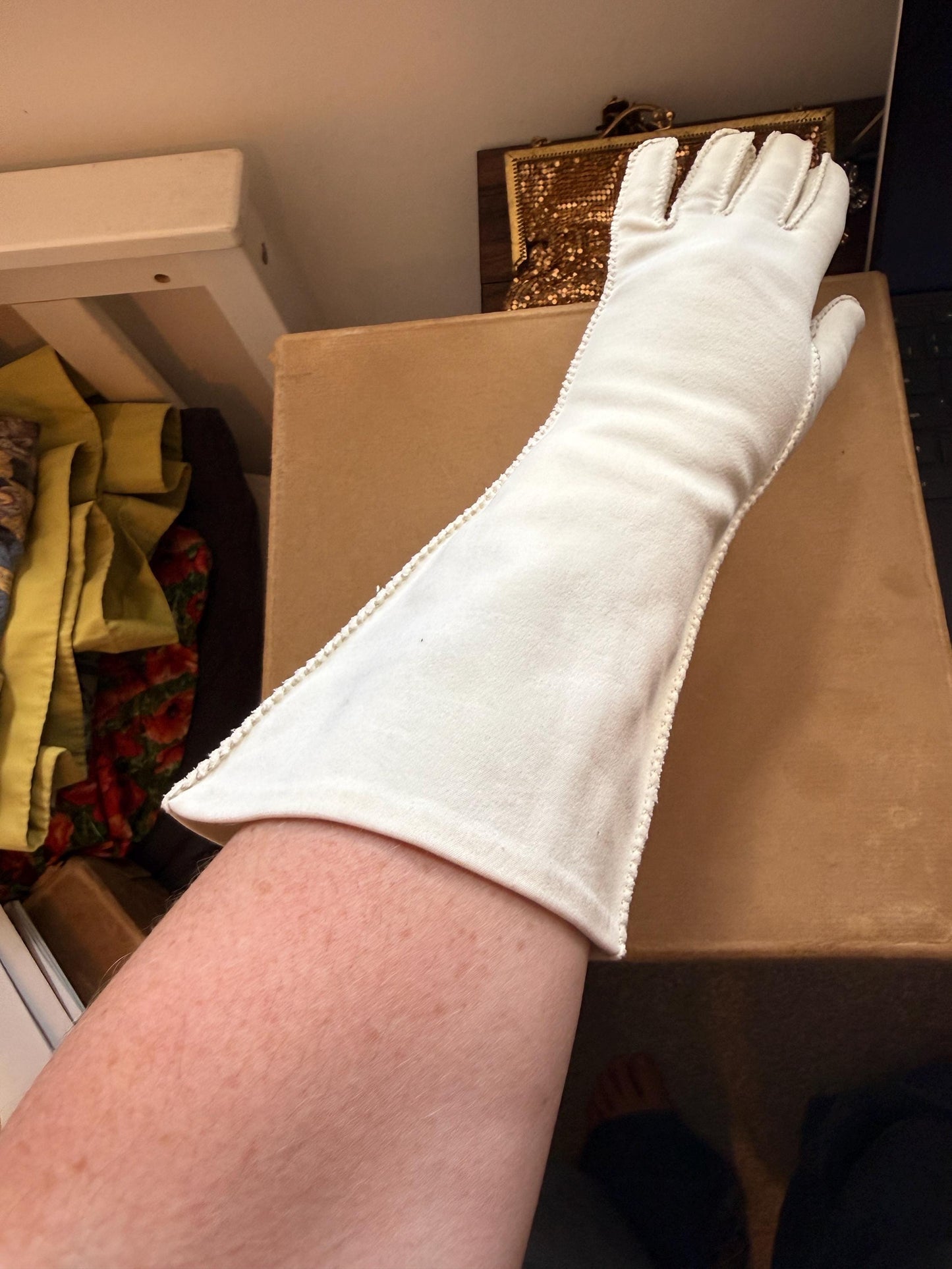 Vintage 1950s Ivory Cotton Gauntlet Gloves Long Evening evening Bridal GlovesSize 6 1/2