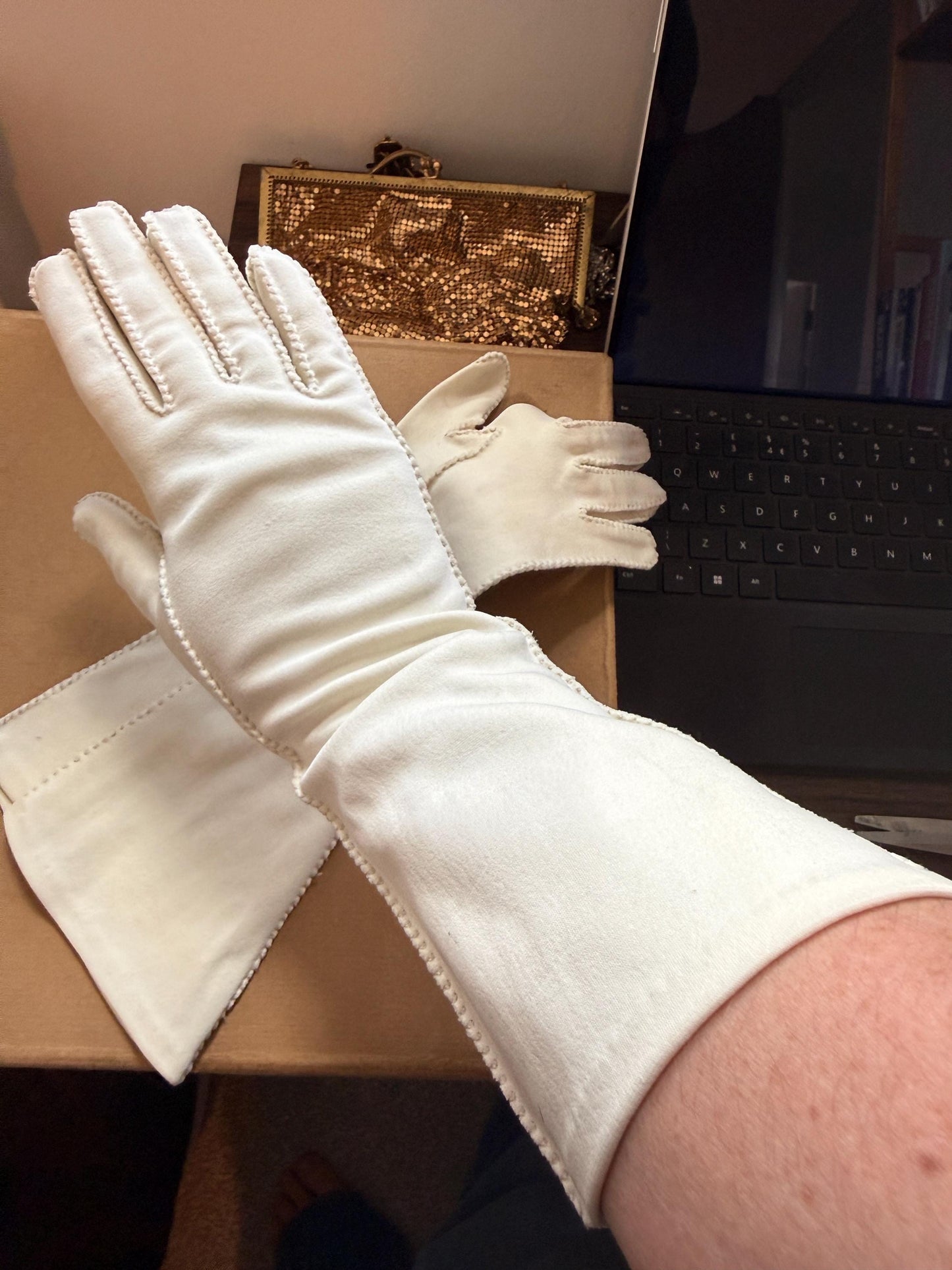Vintage 1950s Ivory Cotton Gauntlet Gloves Long Evening evening Bridal GlovesSize 6 1/2