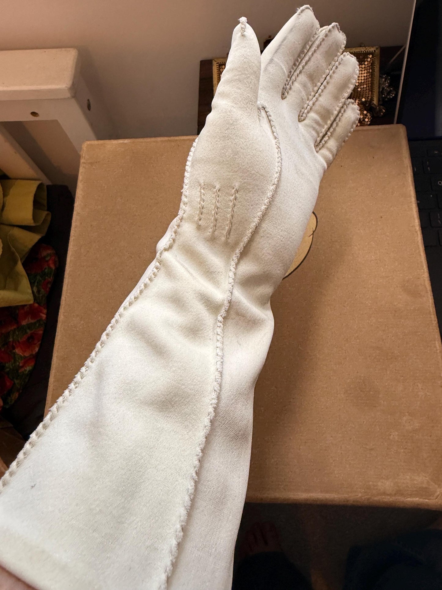 Vintage 1950s Ivory Cotton Gauntlet Gloves Long Evening evening Bridal GlovesSize 6 1/2