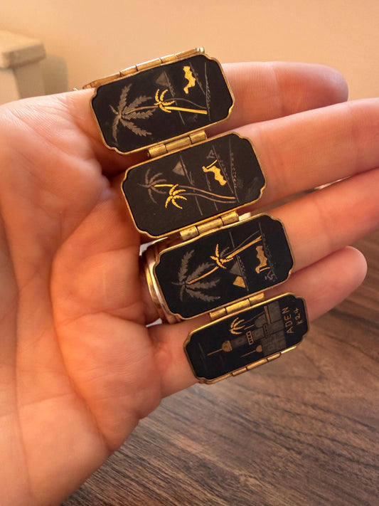 Vintage 1950s Japanese K24 Damascene Aden Souvenir Bracelet – Gold Silver Inlay Palm Trees Camels