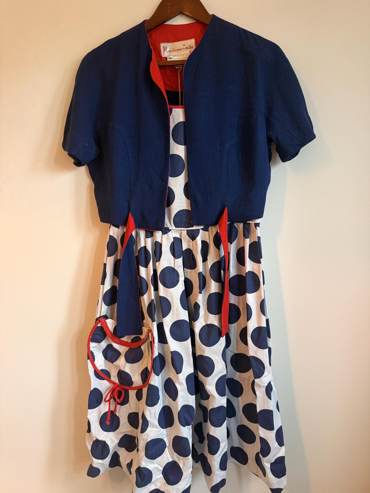 Vintage 1950s Mademoiselle Polka Dot Sundress & Bolero Set Navy Red Size 16