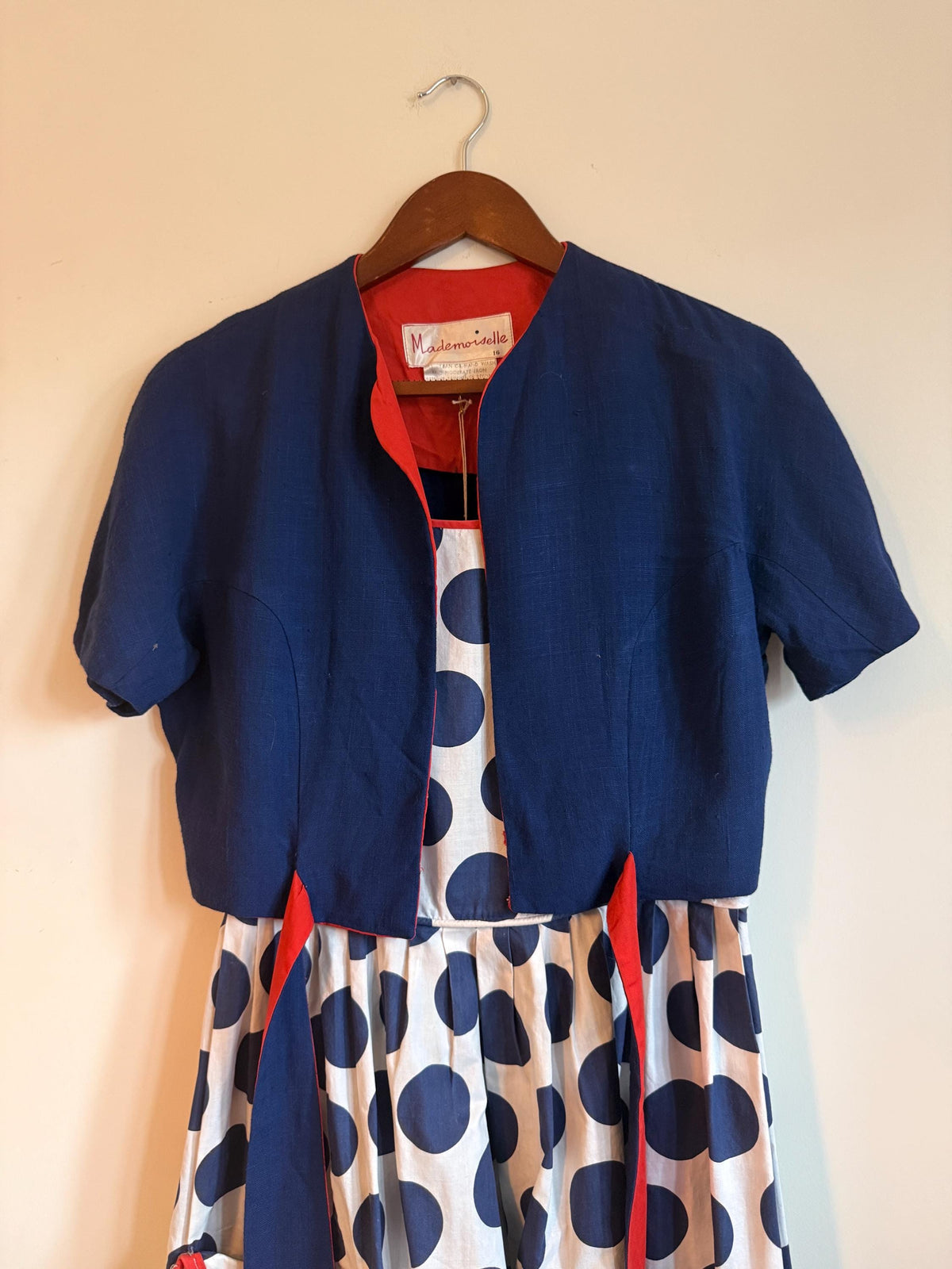 Vintage 1950s Mademoiselle Polka Dot Sundress & Bolero Set Navy Red Size 16