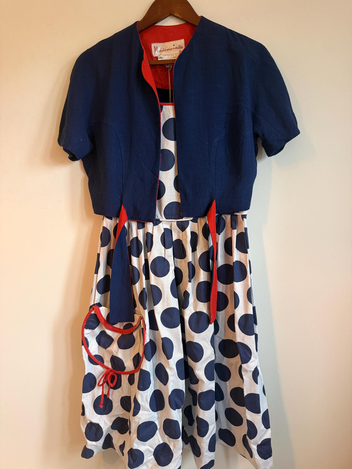 Vintage 1950s Mademoiselle Polka Dot Sundress & Bolero Set Navy Red Size 16