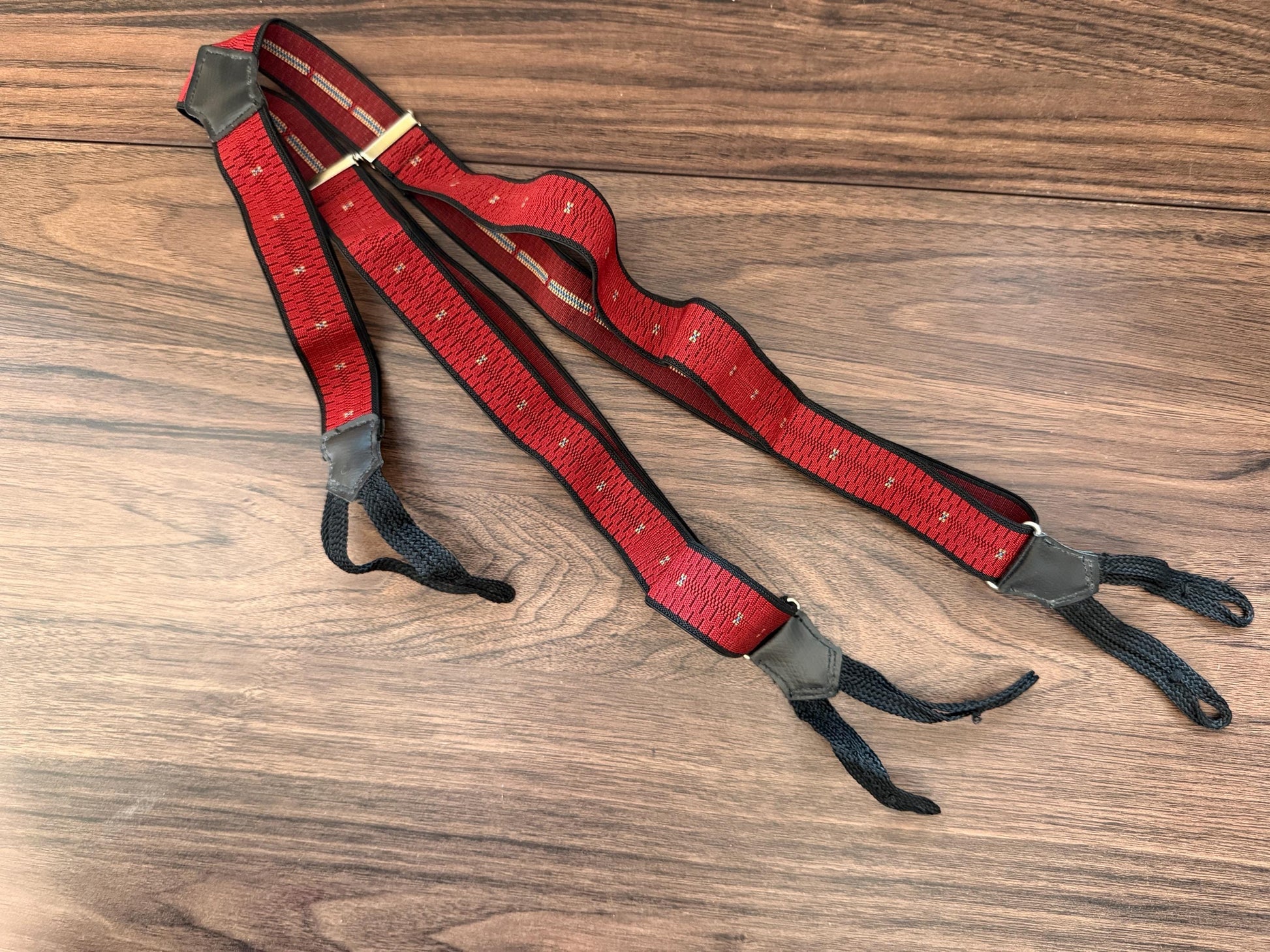 Vintage 1950s Men's Red Button Braces – Woven Elastic Leather Traditional Trouser Suspenders