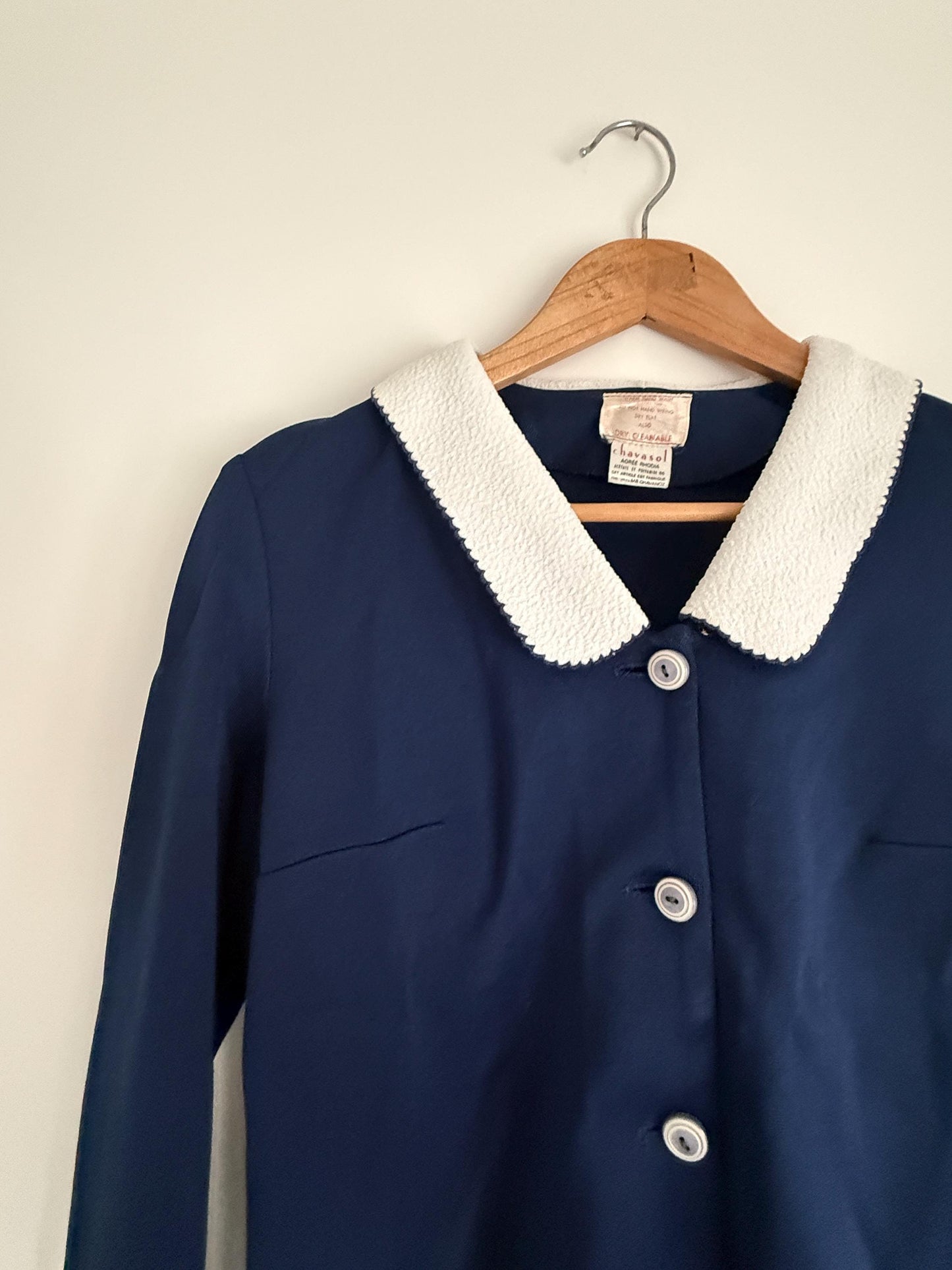 Vintage 1950s Navy Blue Skirt Suit | French Chavasol Two Piece | Textured Collar