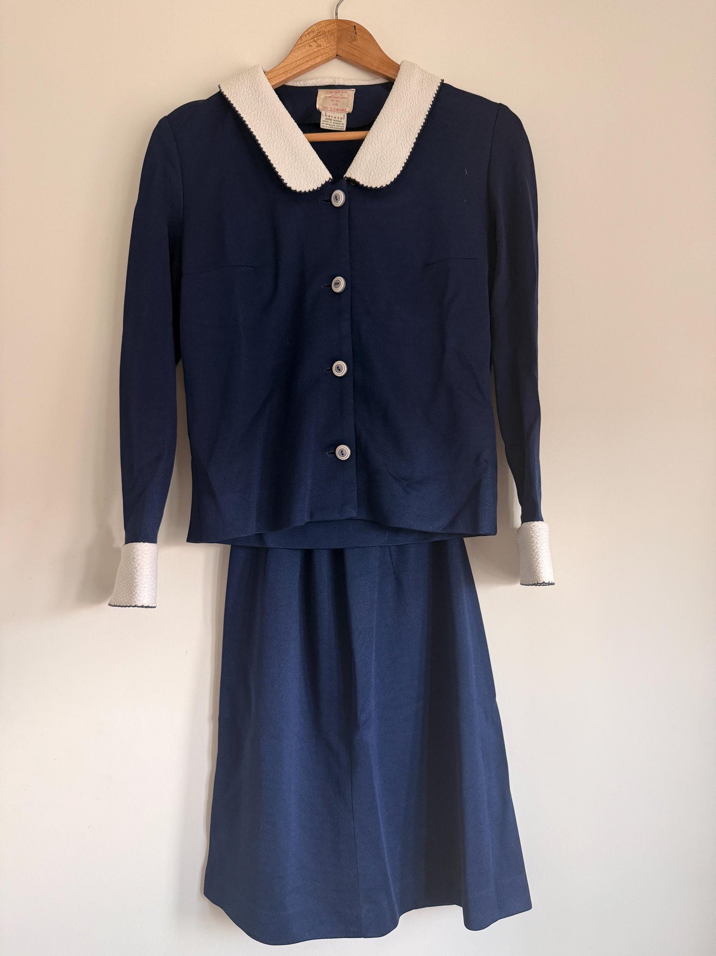 Vintage 1950s Navy Blue Skirt Suit | French Chavasol Two Piece | Textured Collar
