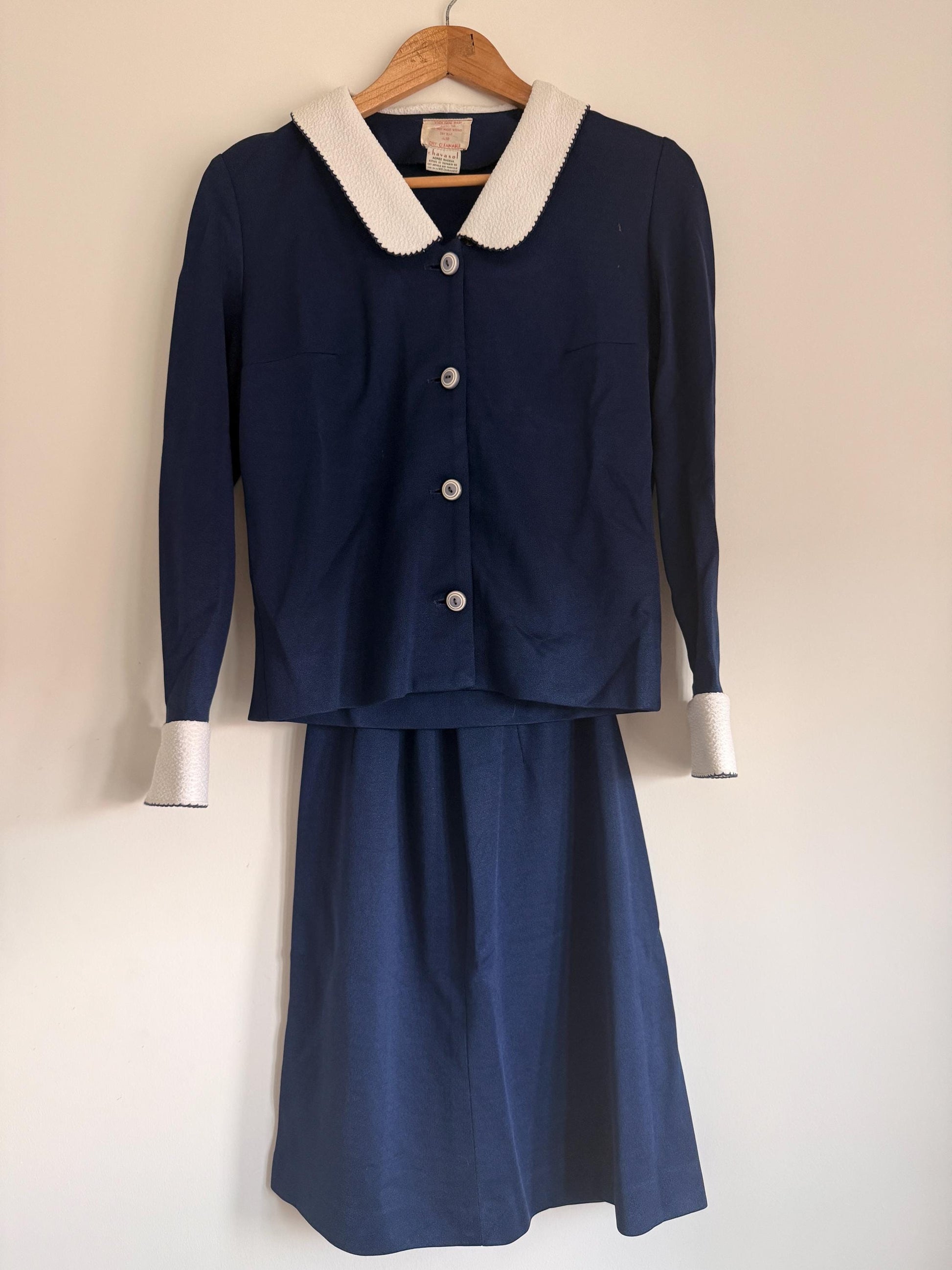 Vintage 1950s Navy Blue Skirt Suit | French Chavasol Two Piece | Textured Collar