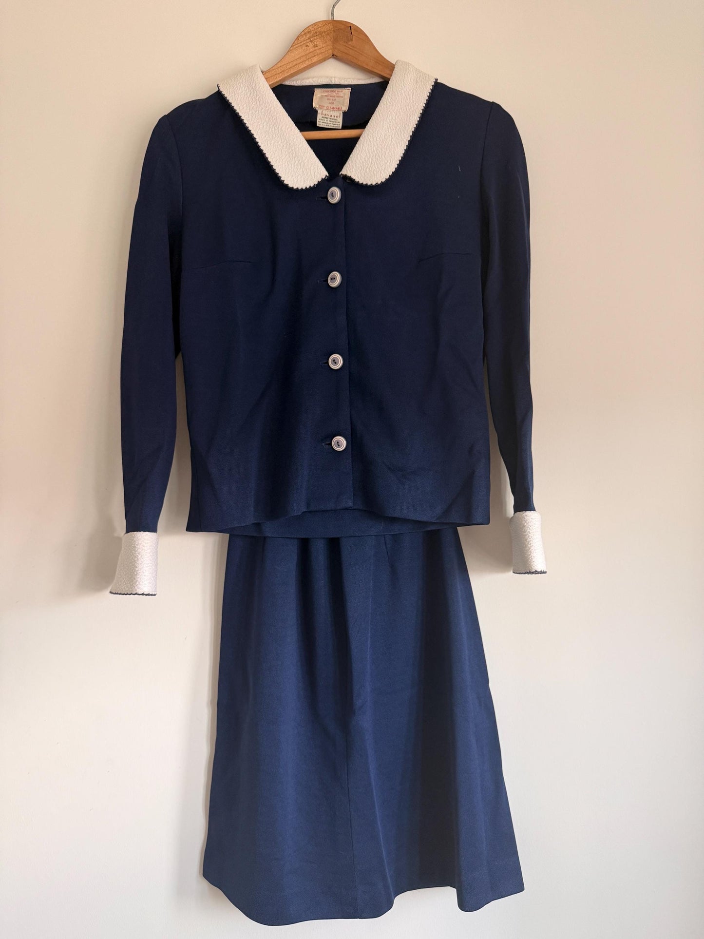 Vintage 1950s Navy Blue Skirt Suit | French Chavasol Two Piece | Textured Collar