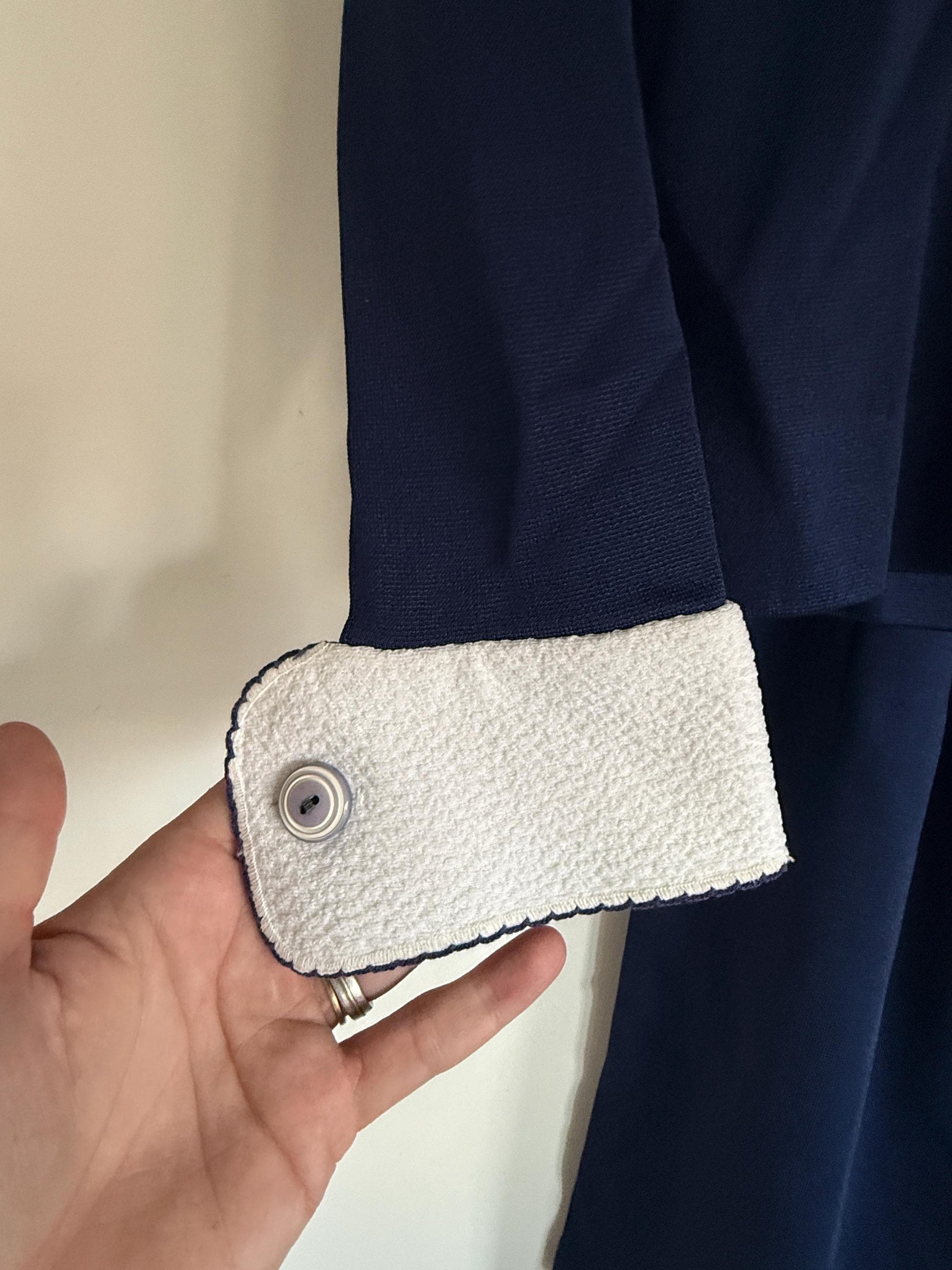 Vintage 1950s Navy Blue Skirt Suit | French Chavasol Two Piece | Textured Collar
