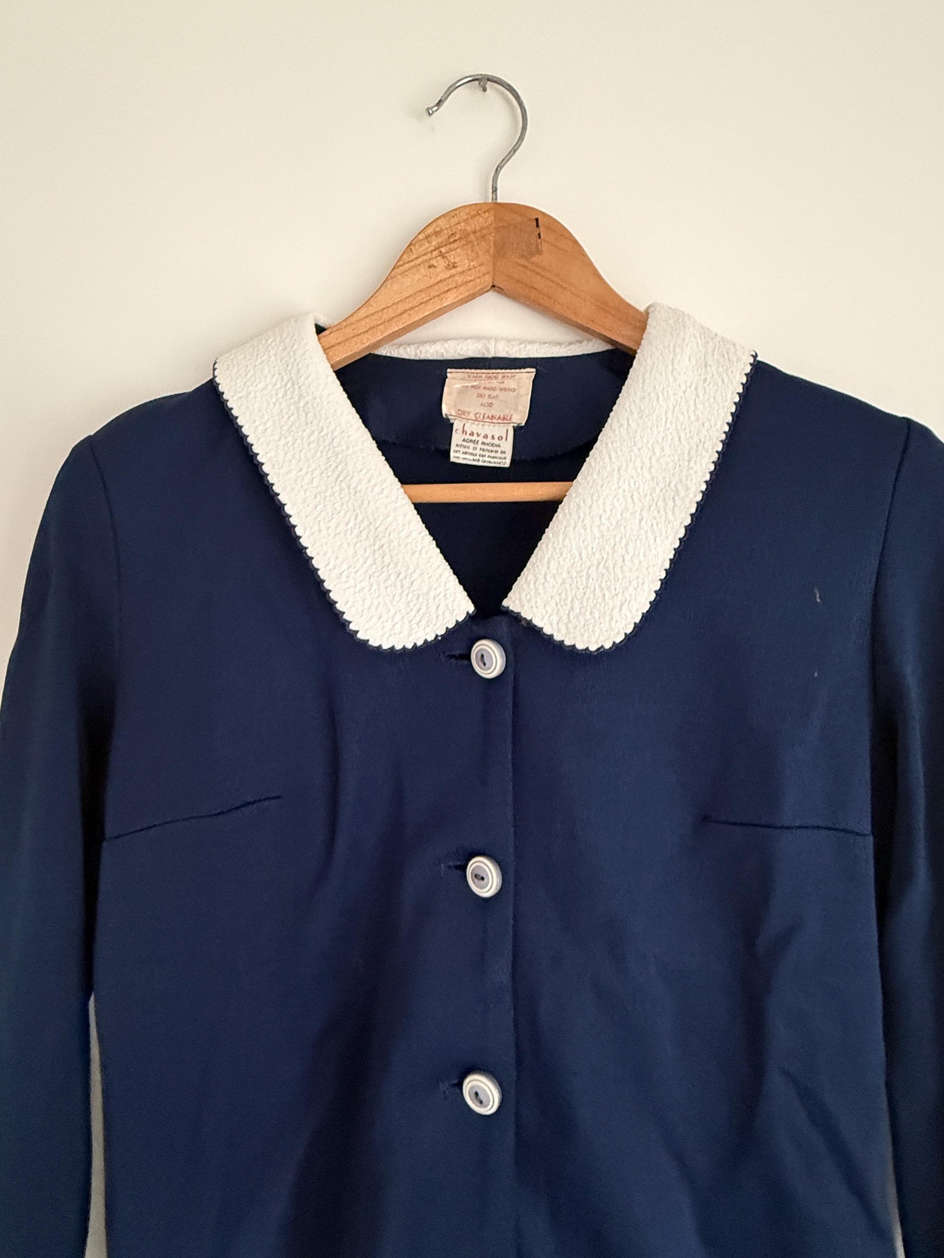 Vintage 1950s Navy Blue Skirt Suit | French Chavasol Two Piece | Textured Collar