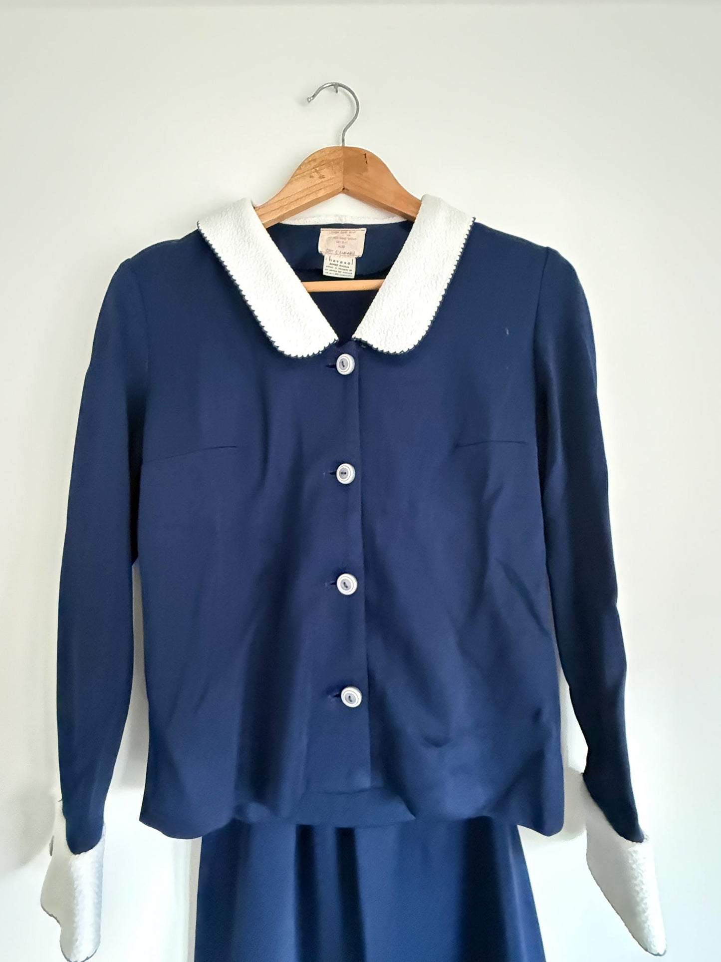 Vintage 1950s Navy Blue Skirt Suit | French Chavasol Two Piece | Textured Collar