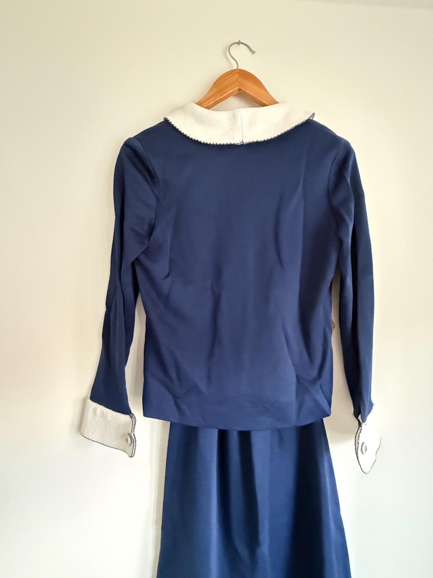 Vintage 1950s Navy Blue Skirt Suit | French Chavasol Two Piece | Textured Collar