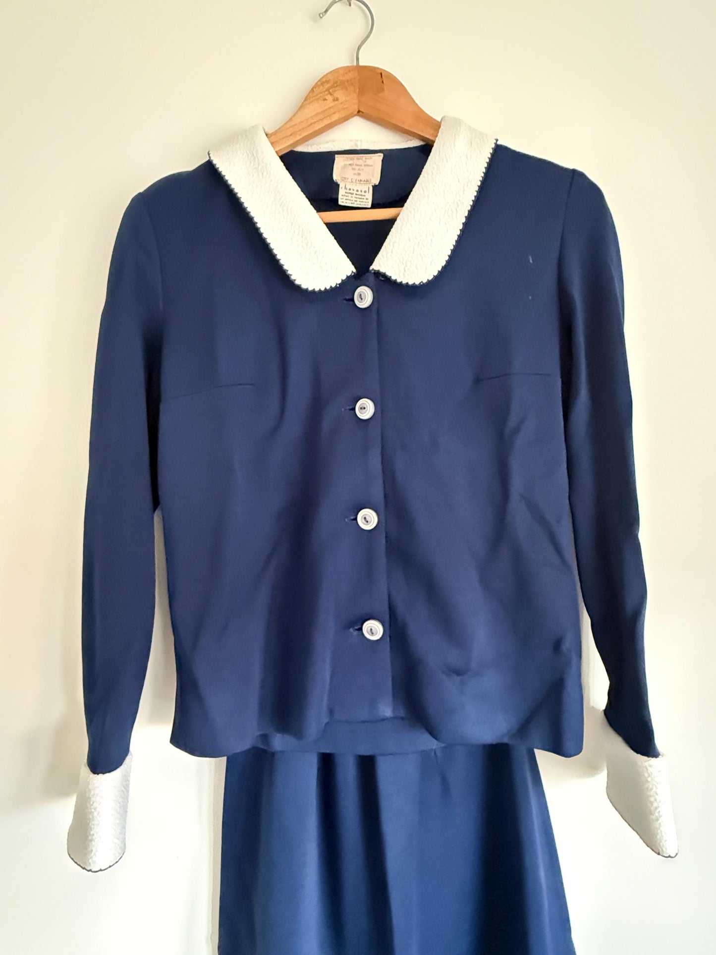 Vintage 1950s Navy Blue Skirt Suit | French Chavasol Two Piece | Textured Collar