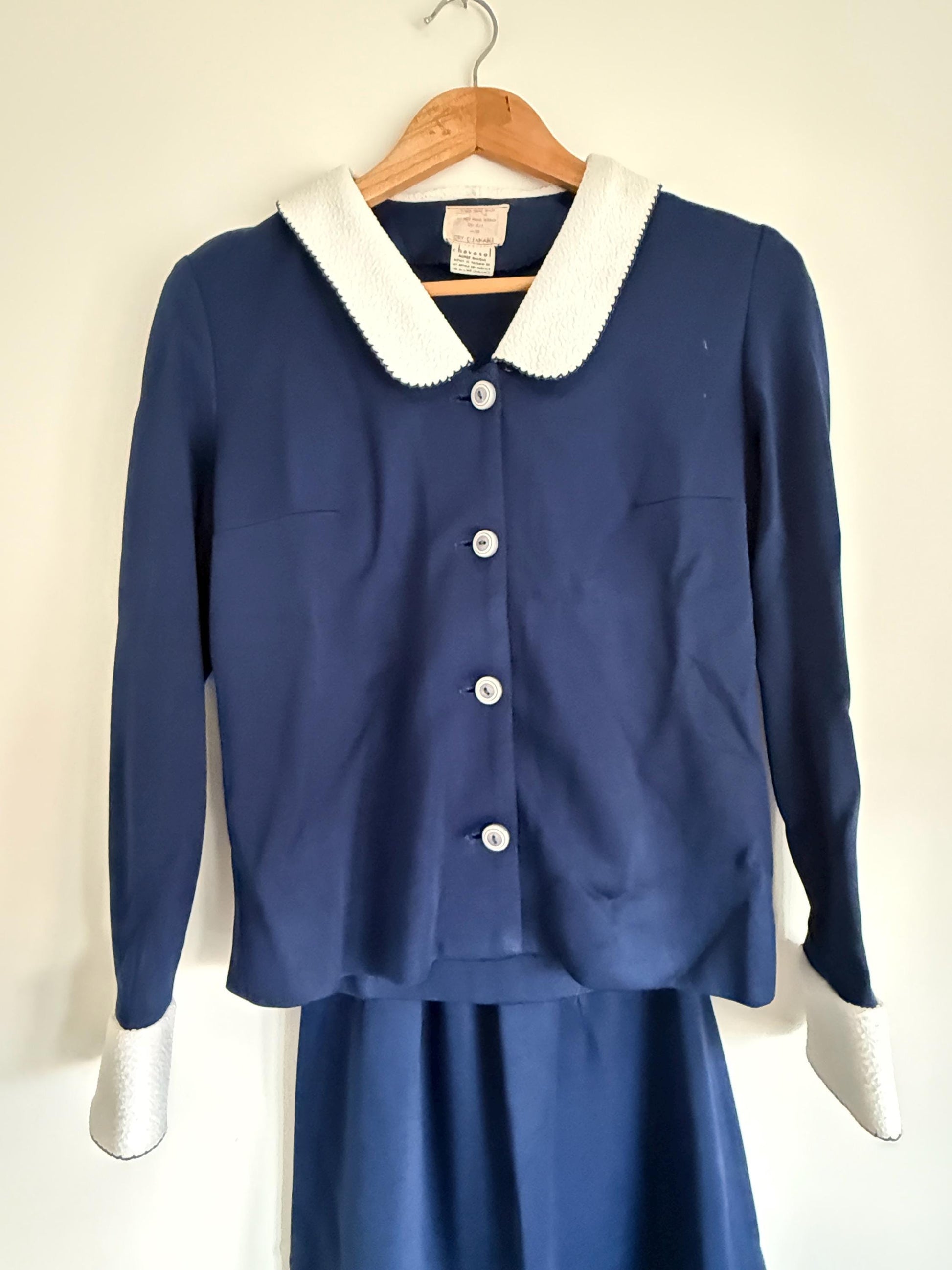 Vintage 1950s Navy Blue Skirt Suit | French Chavasol Two Piece | Textured Collar