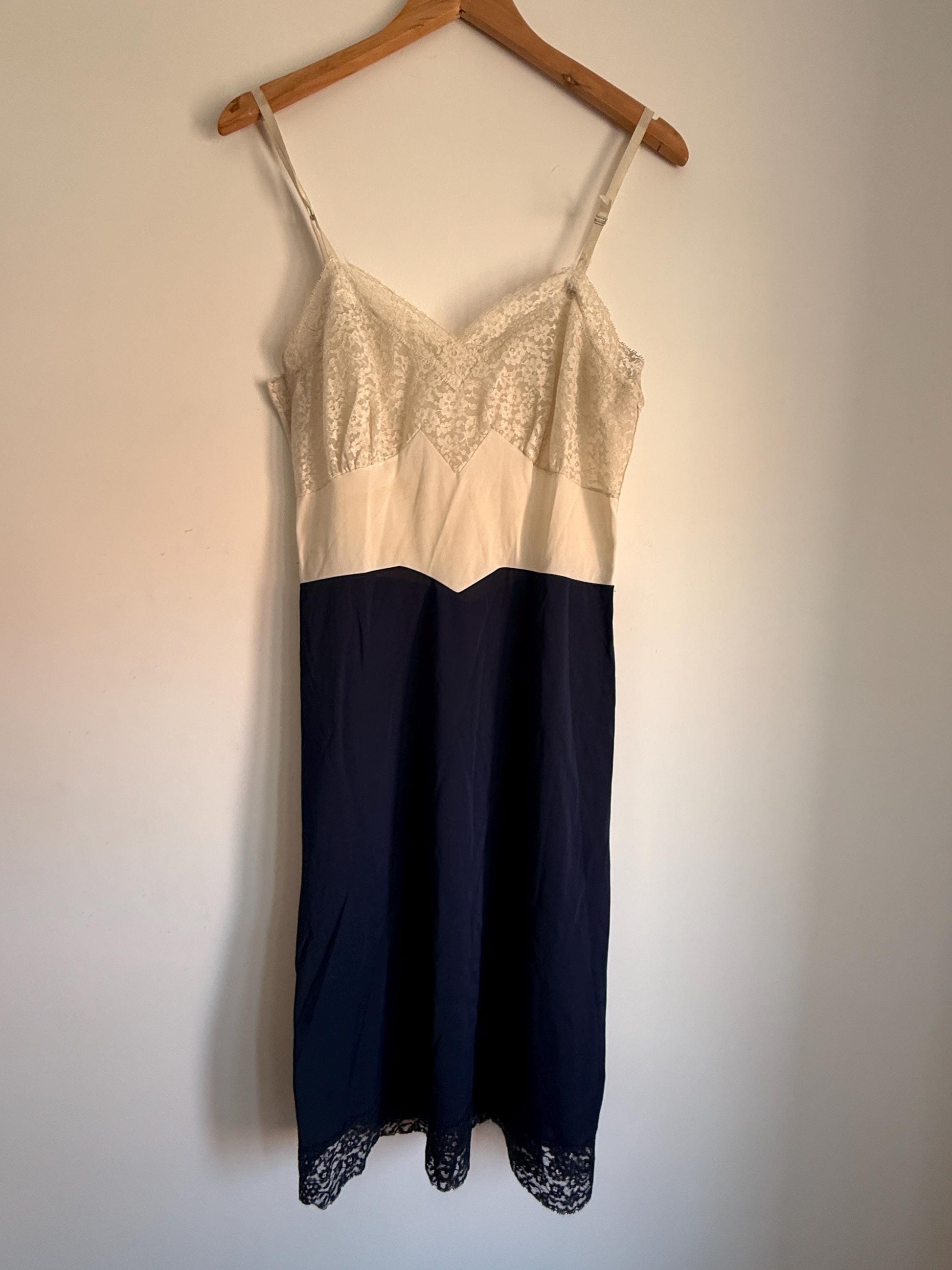 Vintage 1950s Navy Ivory Full Slip Colour Block Lace Lingerie Nightdress