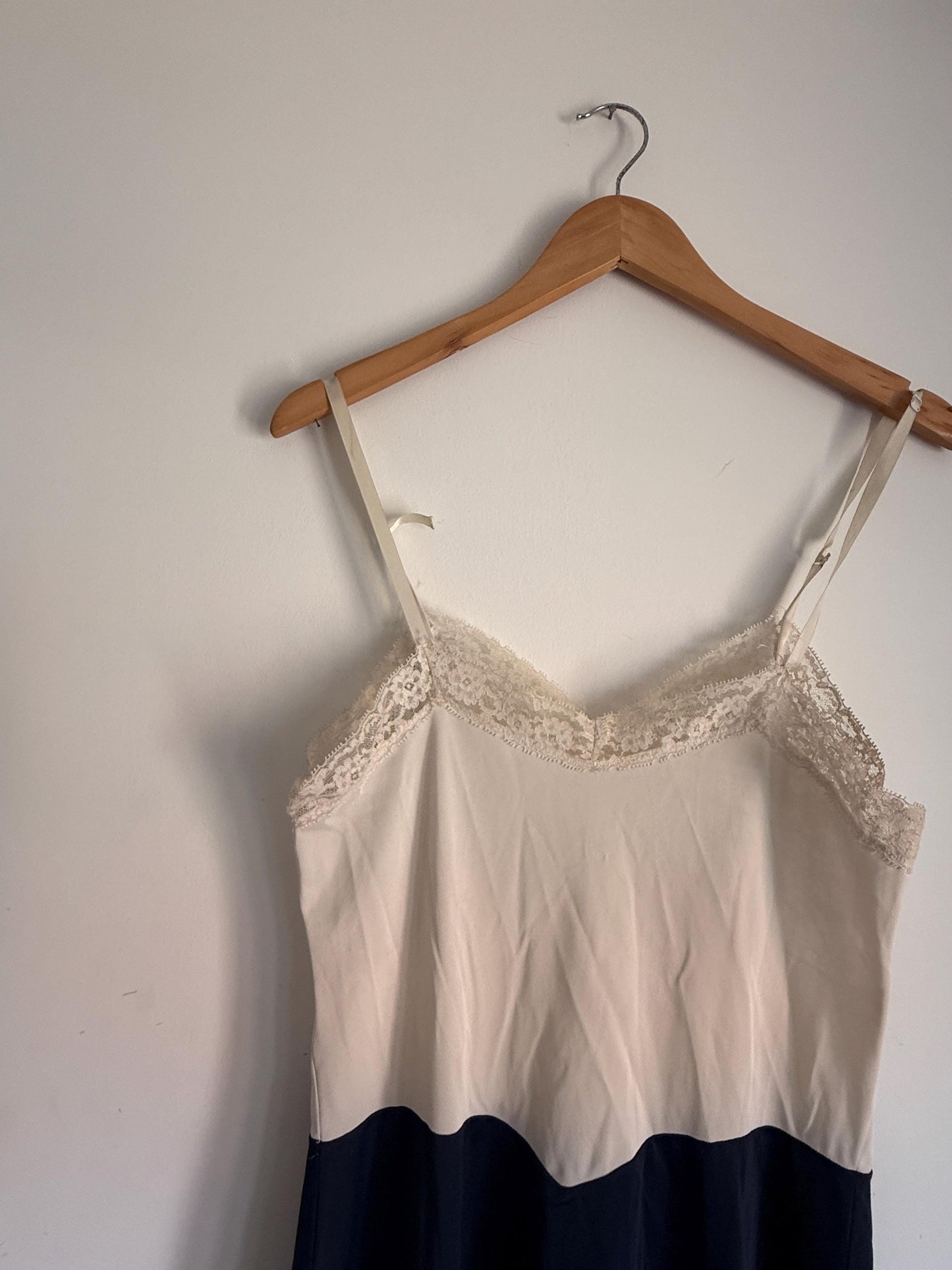 Vintage 1950s Navy Ivory Full Slip Colour Block Lace Lingerie Nightdress