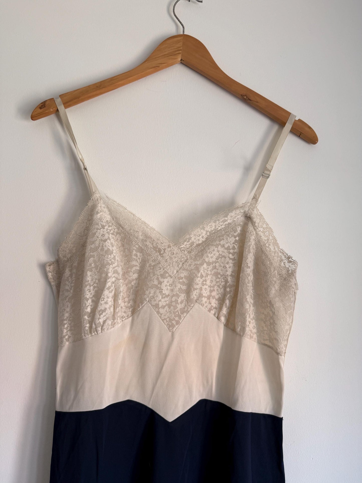 Vintage 1950s Navy Ivory Full Slip Colour Block Lace Lingerie Nightdress