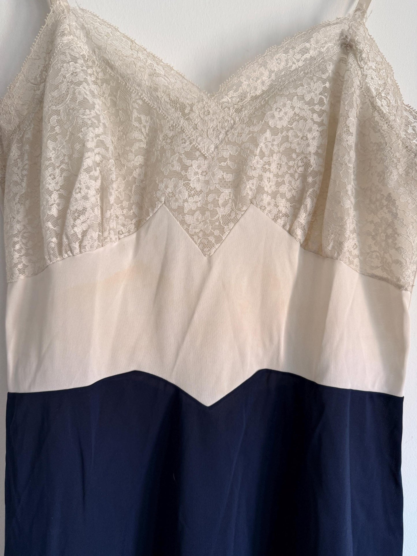 Vintage 1950s Navy Ivory Full Slip Colour Block Lace Lingerie Nightdress