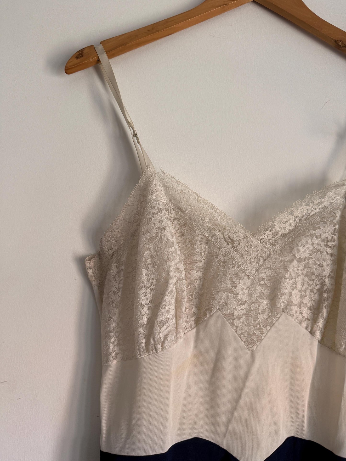 Vintage 1950s Navy Ivory Full Slip Colour Block Lace Lingerie Nightdress