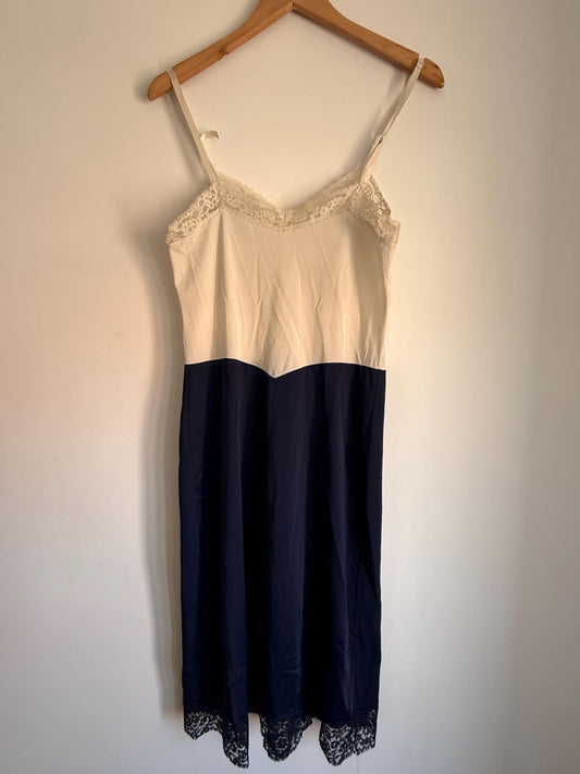 Vintage 1950s Navy Ivory Full Slip Colour Block Lace Lingerie Nightdress