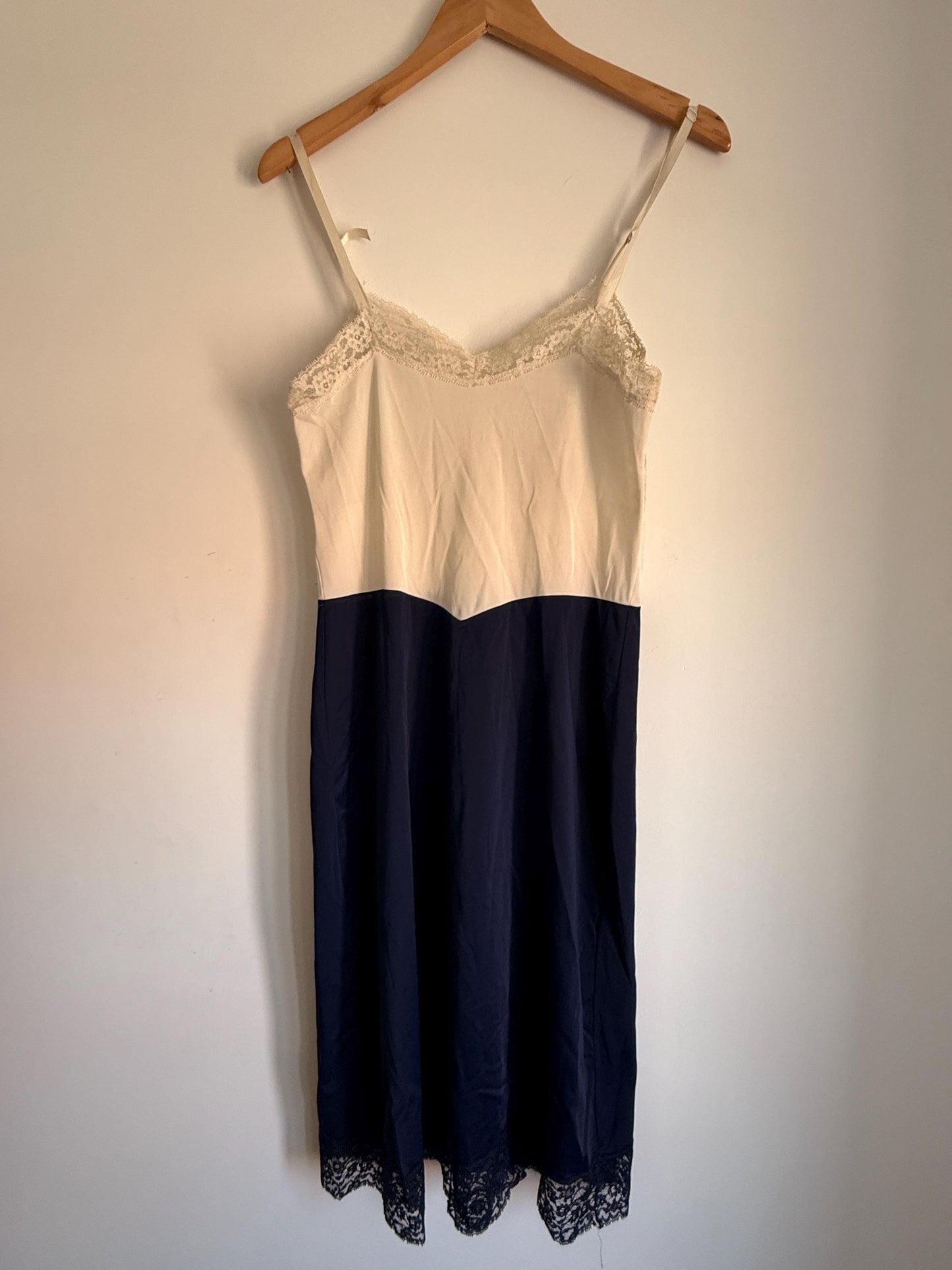 Vintage 1950s Navy Ivory Full Slip Colour Block Lace Lingerie Nightdress