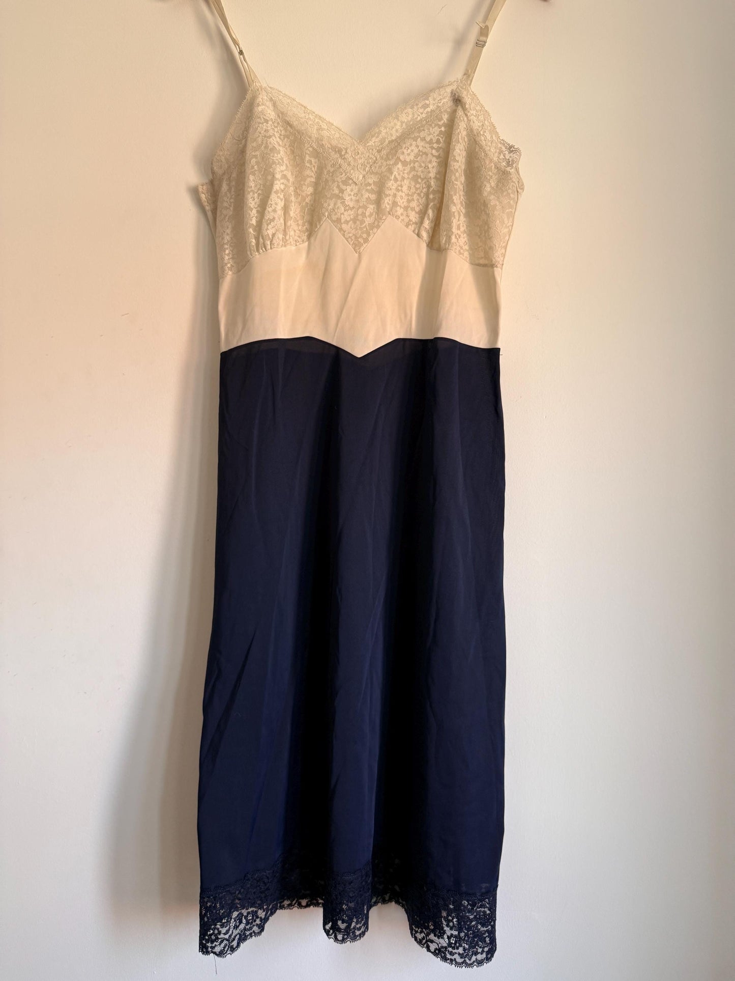 Vintage 1950s Navy Ivory Full Slip Colour Block Lace Lingerie Nightdress
