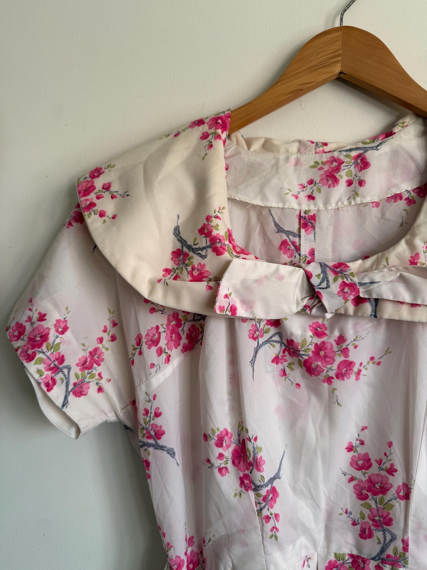 Vintage 1950s Pink Blossom Cotton Day Dress | Peter Pan Collar Belted Midi