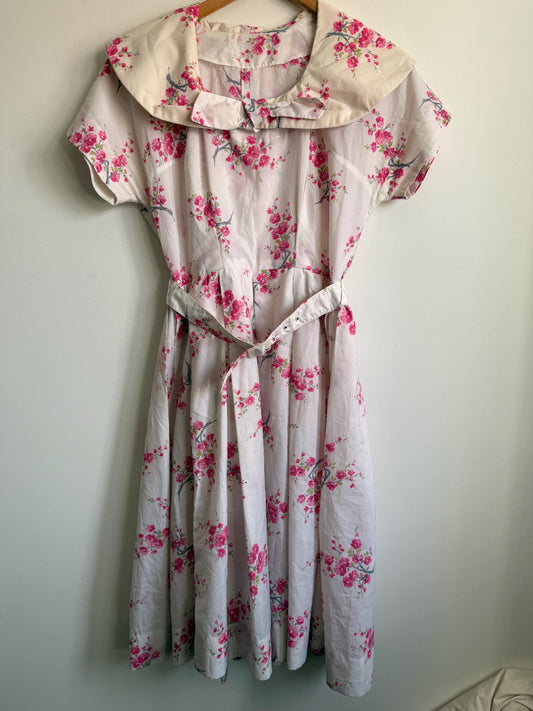 Vintage 1950s Pink Blossom Cotton Day Dress | Peter Pan Collar Belted Midi