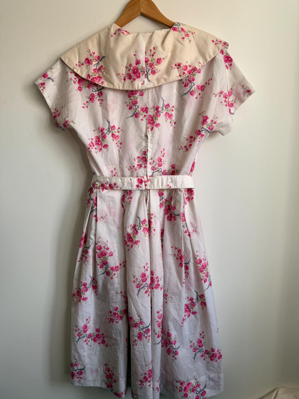 Vintage 1950s Pink Blossom Cotton Day Dress | Peter Pan Collar Belted Midi