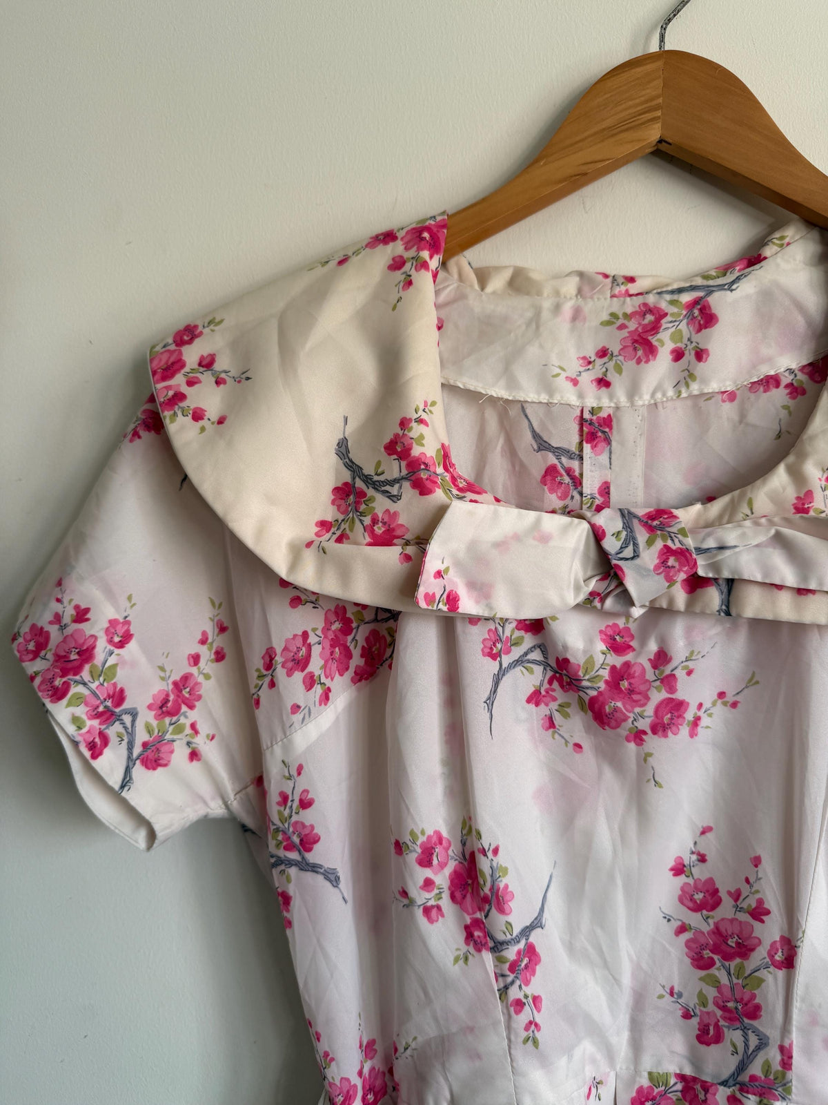 Vintage 1950s Pink Blossom Cotton Day Dress | Peter Pan Collar Belted Midi