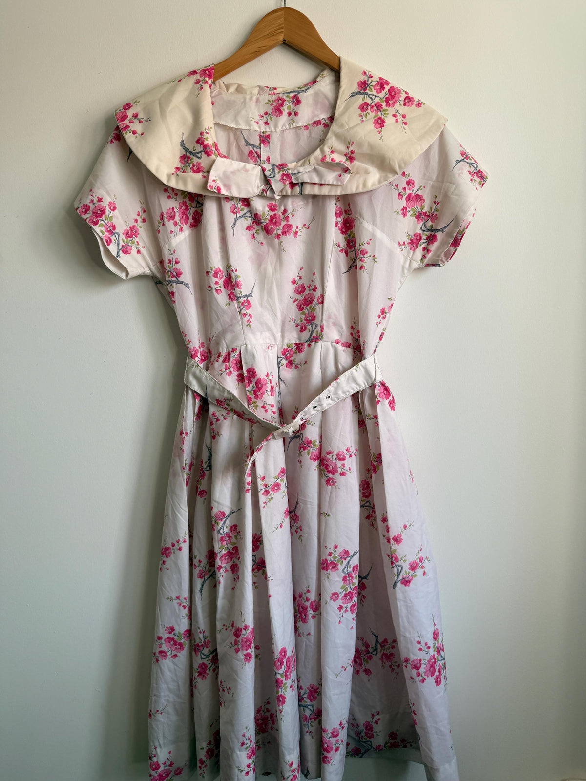 Vintage 1950s Pink Blossom Cotton Day Dress | Peter Pan Collar Belted Midi