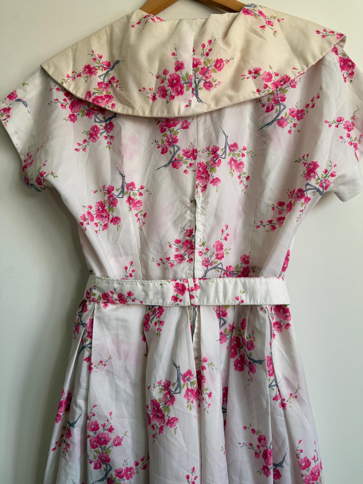 Vintage 1950s Pink Blossom Cotton Day Dress | Peter Pan Collar Belted Midi
