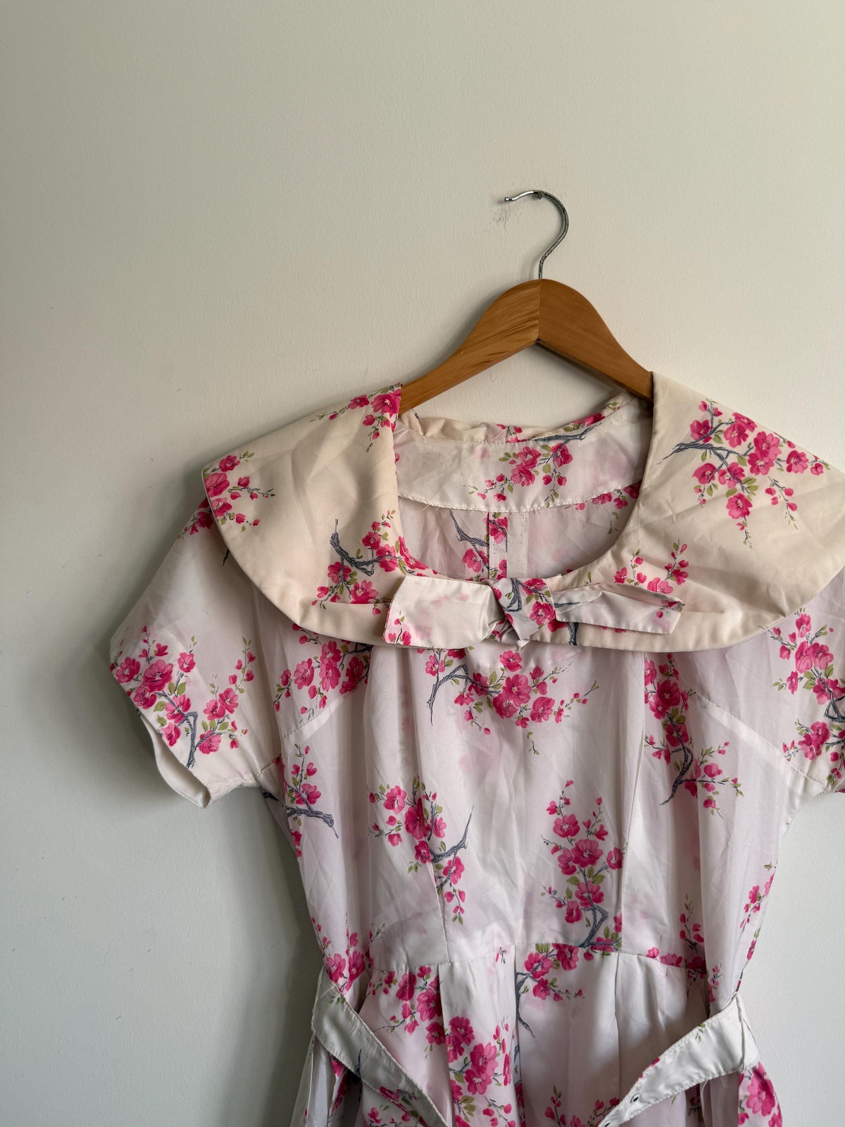 Vintage 1950s Pink Blossom Cotton Day Dress | Peter Pan Collar Belted Midi
