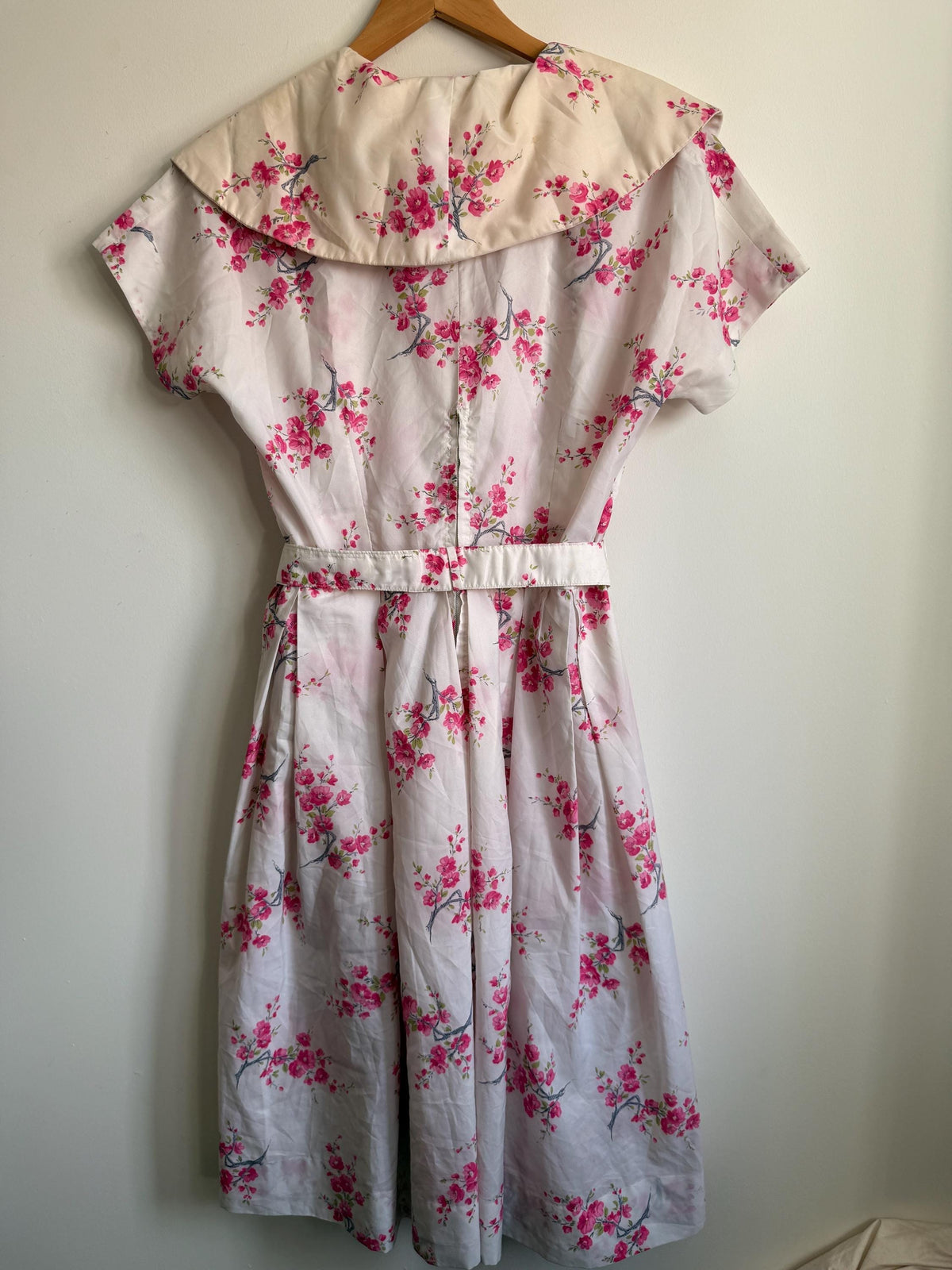 Vintage 1950s Pink Blossom Cotton Day Dress | Peter Pan Collar Belted Midi