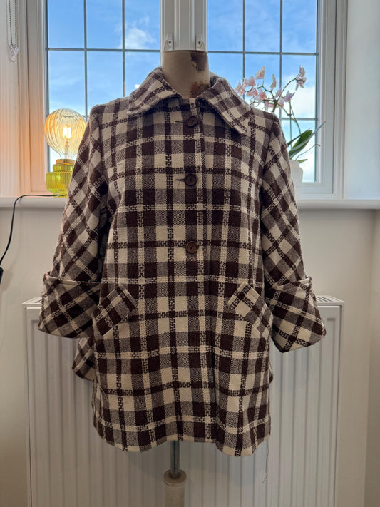 Vintage 1950s Swing Coat – Brown Check Lightweight Overcoat, 3/4 Sleeve Turn Up, Slanted Pocket Midcentury Style