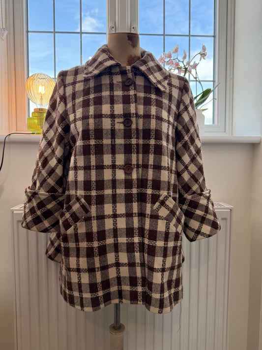 Vintage 1950s Swing Coat – Brown Check Lightweight Overcoat, 3/4 Sleeve Turn Up, Slanted Pocket Midcentury Style