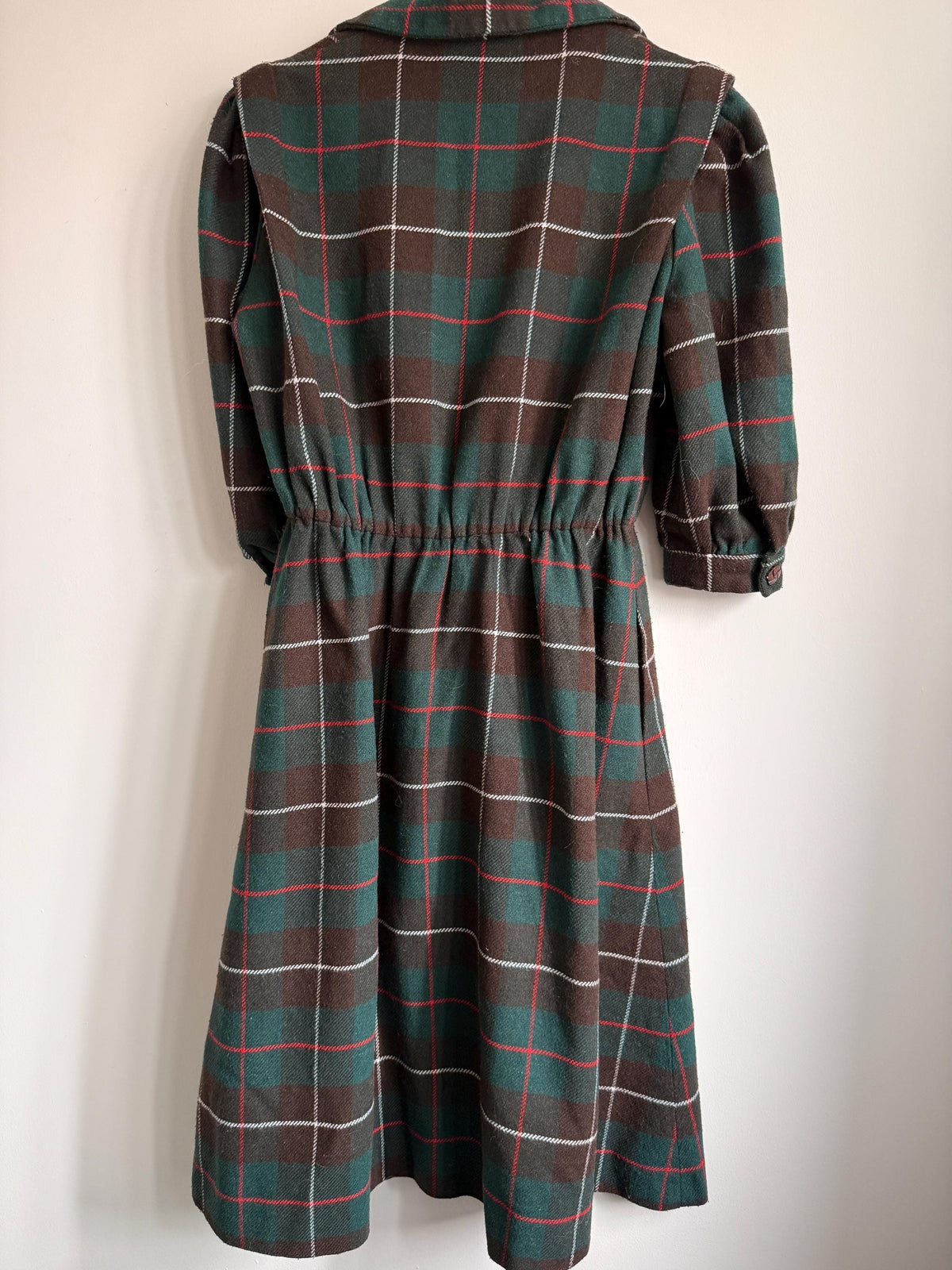 Vintage 1950s Tartan Wool Blend Midi Dress | Green & Brown Plaid Button Front Dress | Cottagecore Autumn Dress | UK 10-12