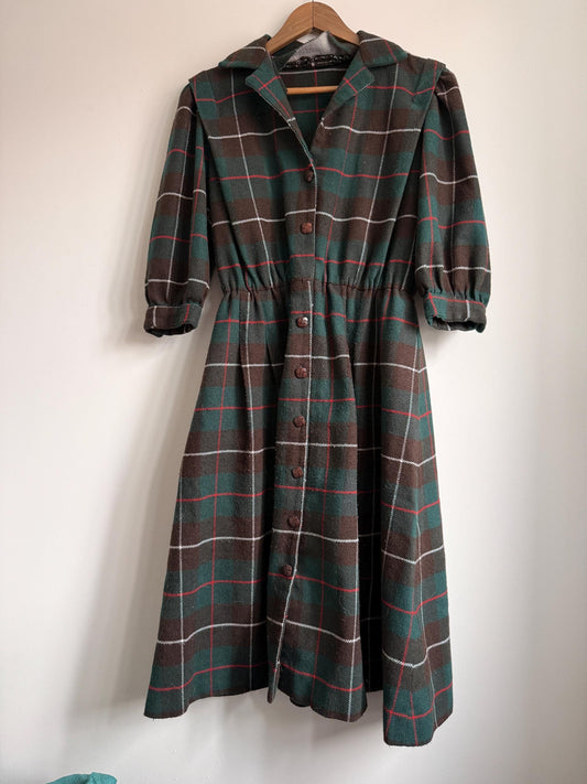 Vintage 1950s Tartan Wool Blend Midi Dress | Green & Brown Plaid Button Front Dress | Cottagecore Autumn Dress | UK 10-12