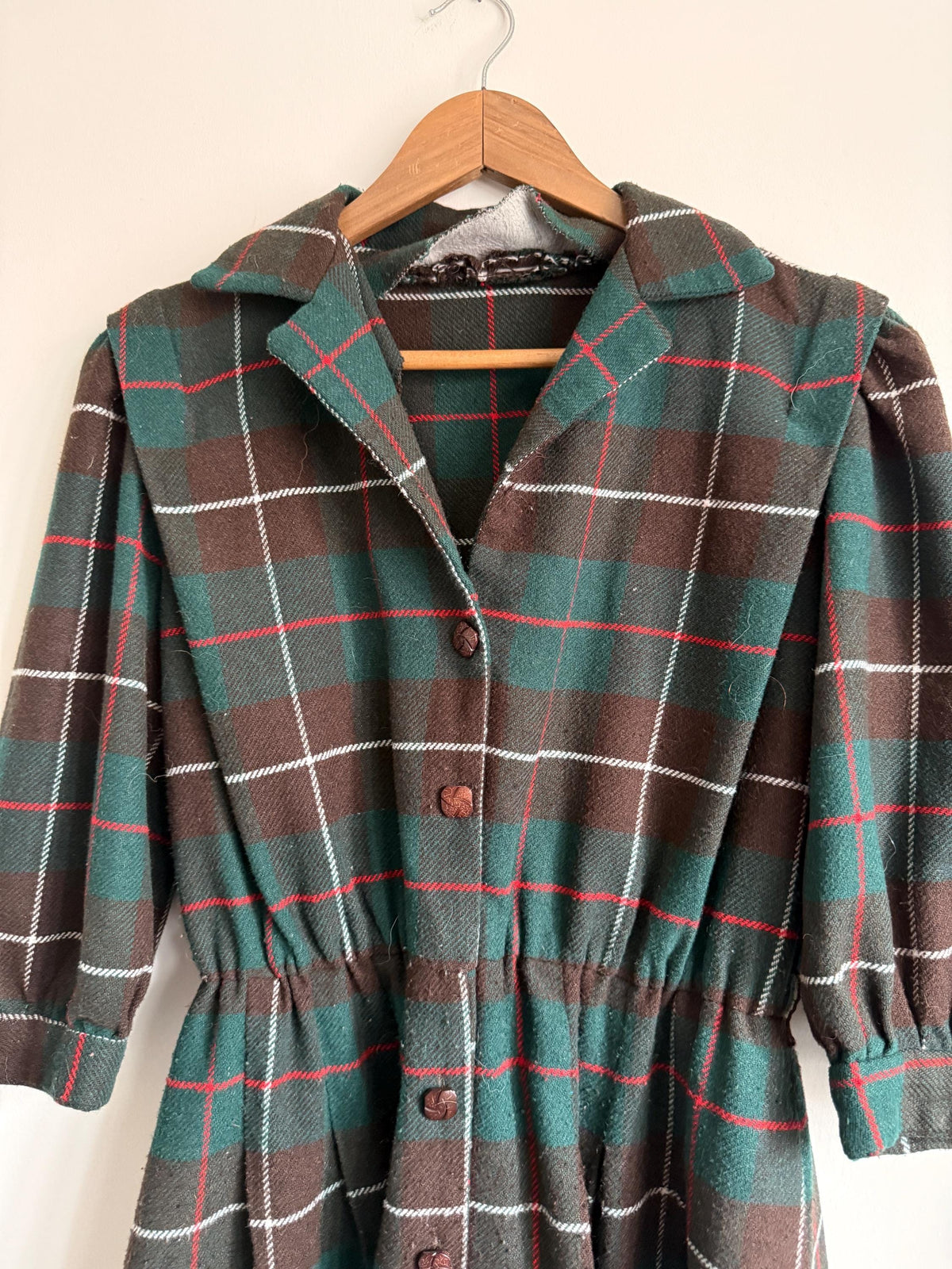 Vintage 1950s Tartan Wool Blend Midi Dress | Green & Brown Plaid Button Front Dress | Cottagecore Autumn Dress | UK 10-12
