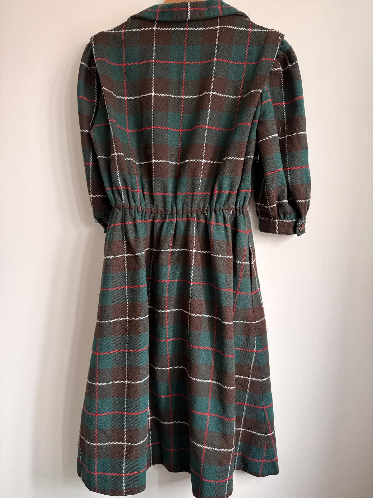 Vintage 1950s Tartan Wool Blend Midi Dress | Green & Brown Plaid Button Front Dress | Cottagecore Autumn Dress | UK 10-12